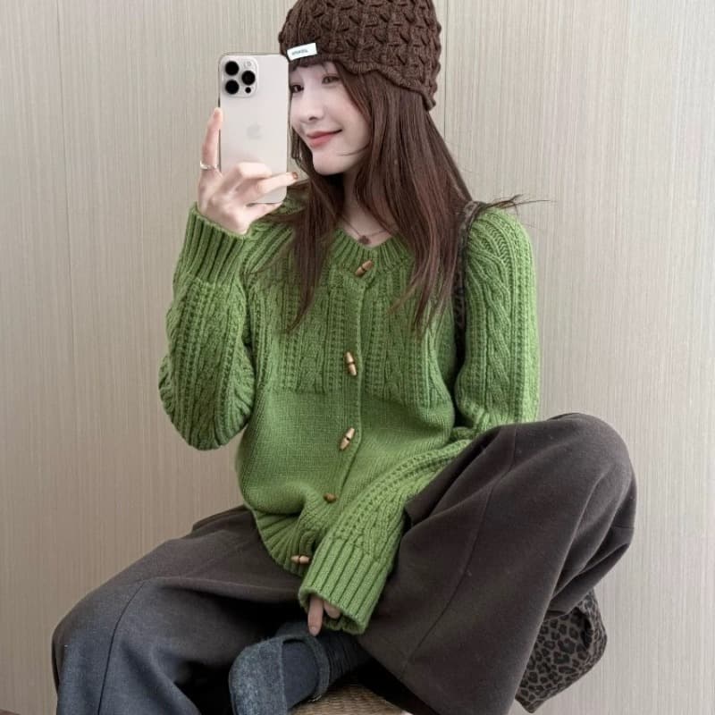 품격 전체 집합 ootd 착용 가져 가라. 작은 키 느긋한 바람 소금 부서 연령 감소 녹색 꽈배기 스웨터 와이드 레그 팬츠 세트 이미지 5