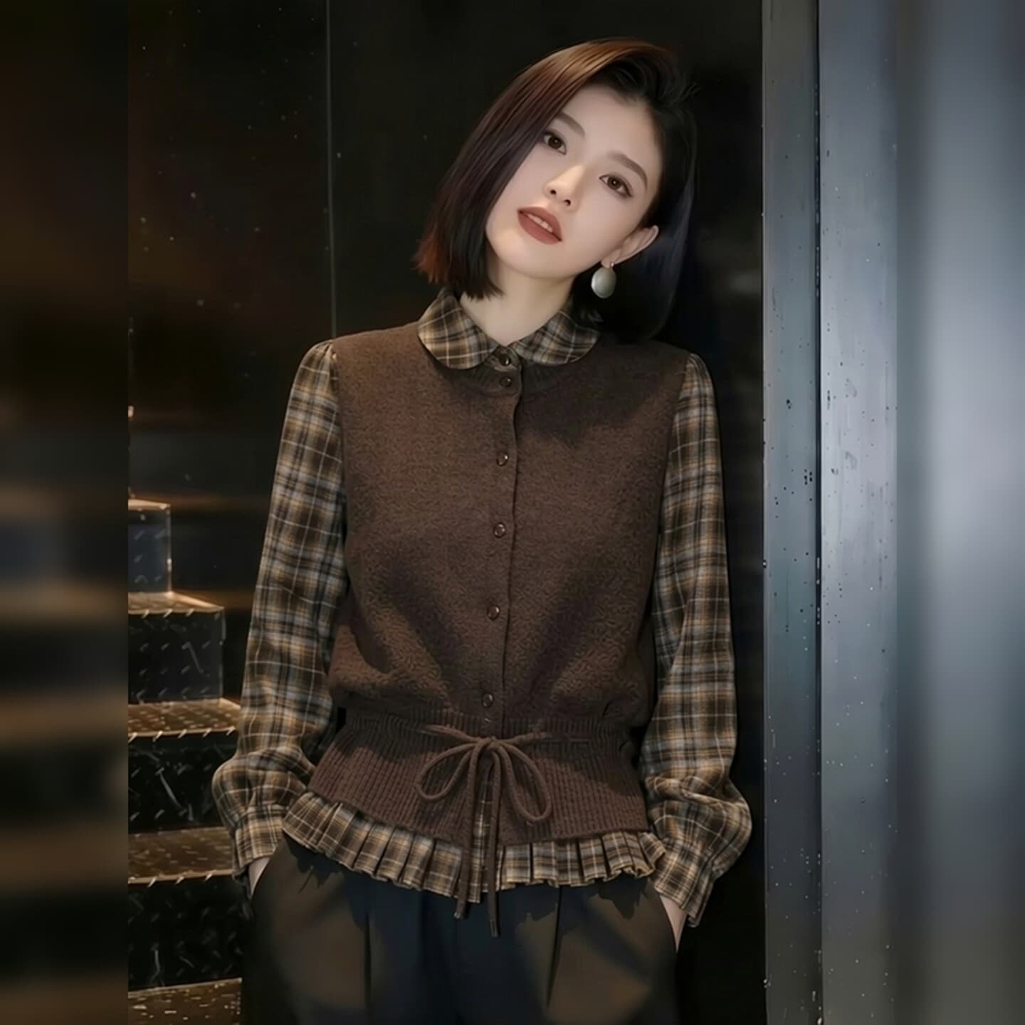 패션 커피 색상 니트 레이스업 베스트 세트 여성 2026 봄 새로운 패션 슬림해 보이는 격자 무늬 셔츠 투피스 세트 상세 이미지 2