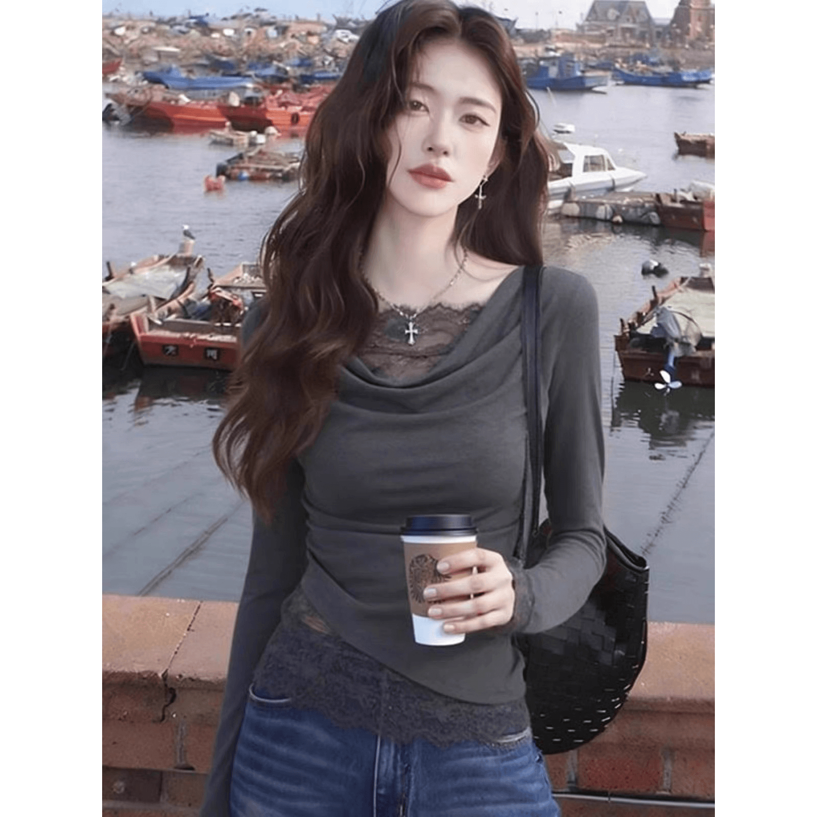 회색 페이크 레이어드 긴팔 티셔츠 여성 가을 작은 샤넬 스타일 인사이드 가져 가라. 레이스 기본 셔츠 흔들다 칼라 몸매 가꾸기 순수한 욕망 바람 맨위 이미지 3