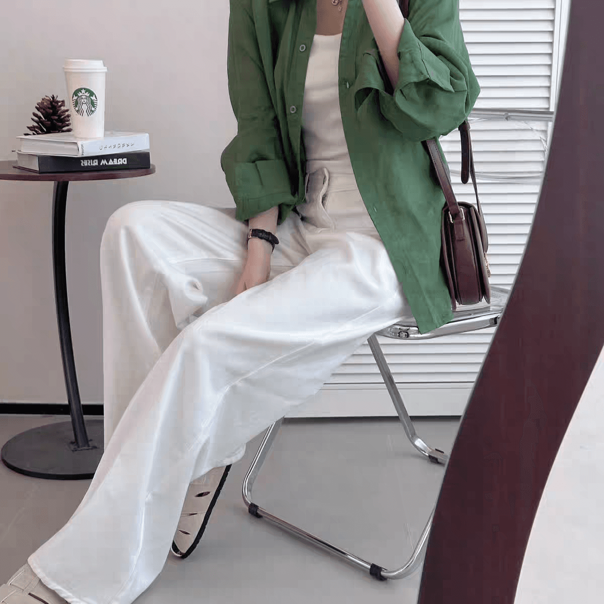 슈퍼 추천 여름 바람 마이크로 한국 스타일 녹색 아마 혼방 분위기 센스 느긋한 스택 착용 여성 셔츠 상세 이미지 2