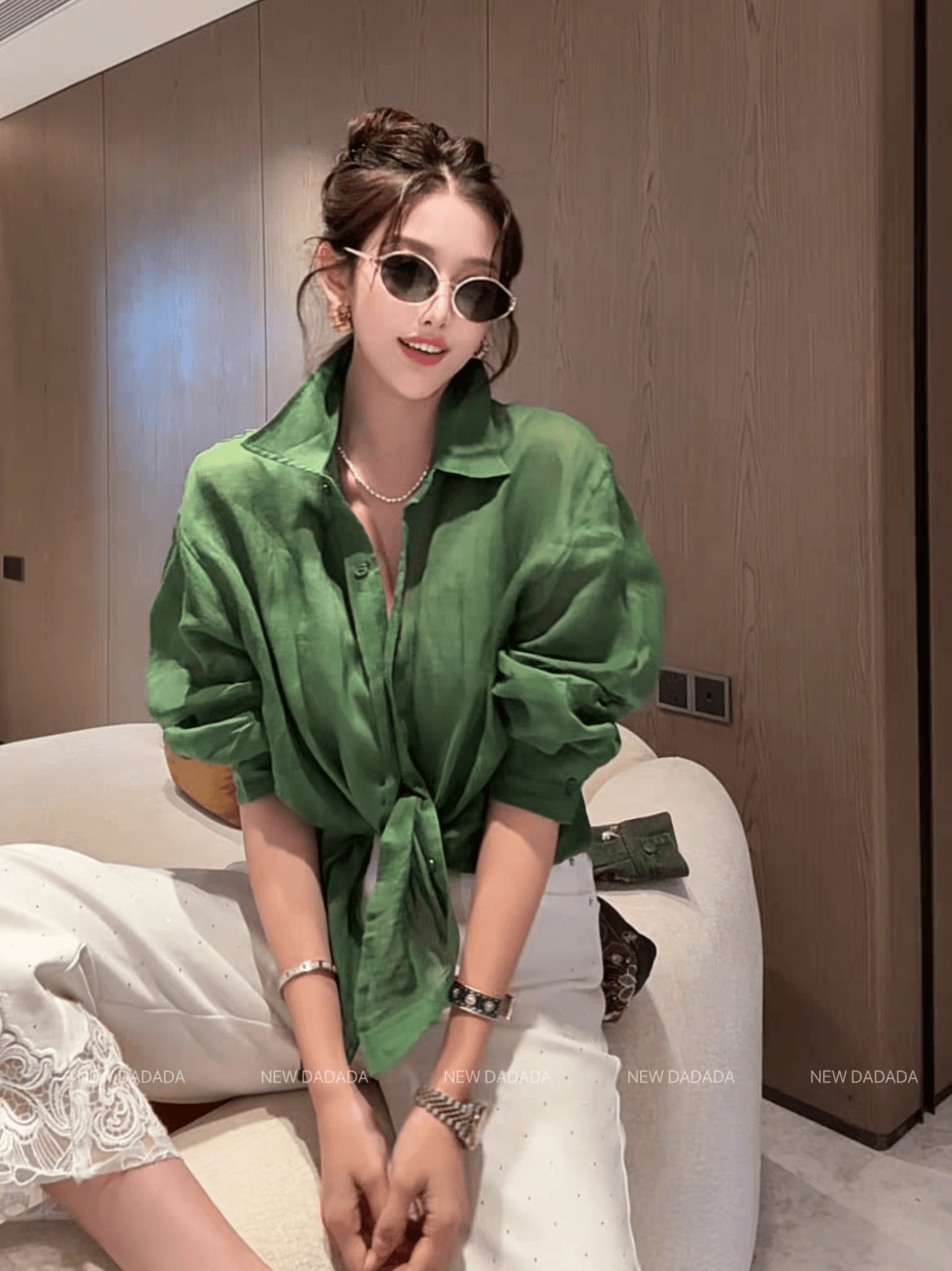 슈퍼 추천 여름 바람 마이크로 한국 스타일 녹색 아마 혼방 분위기 센스 느긋한 스택 착용 여성 셔츠 상세 이미지 4