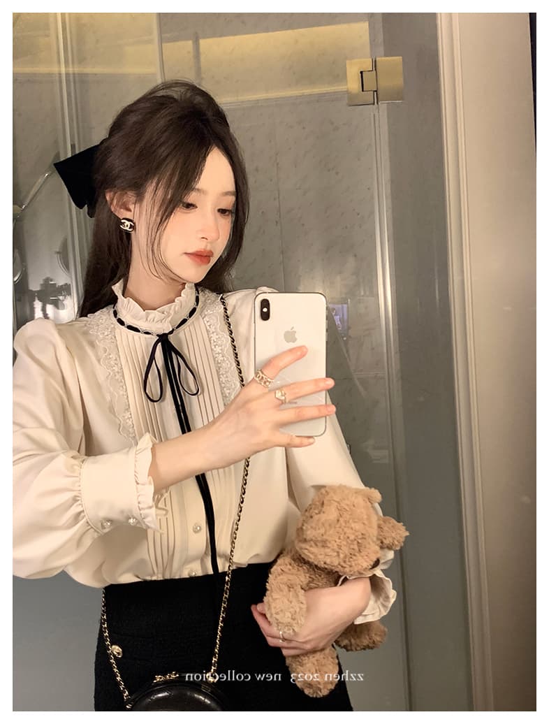 zzhen 9 21 10 00am 매우 한 매우 오만한 원 영어 센스 벨벳 레이스 셔츠 레이스 업 셔츠 상세 이미지 1