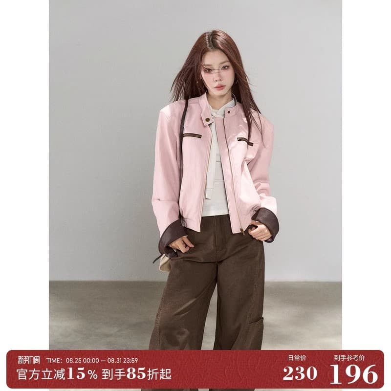 하나 오노 라스베리 핑크색 가죽 재킷 여성 코트 2026 년 가을 새로운 차가운 바람의 소리 고유 한 슈퍼 잘 생긴 캐주얼 재킷 이미지 2
