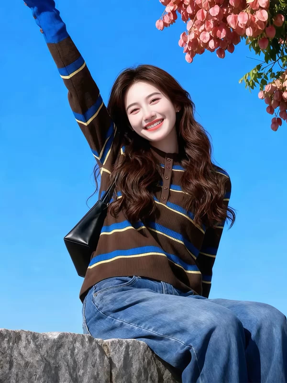 커피 색상 스트라이프 배색 반하이넥 루즈핏 니트 스웨터 2026 조기 가을 아름다움 라드. 바람 다용도 이른 가을 맨위 여성 상세 이미지 3
