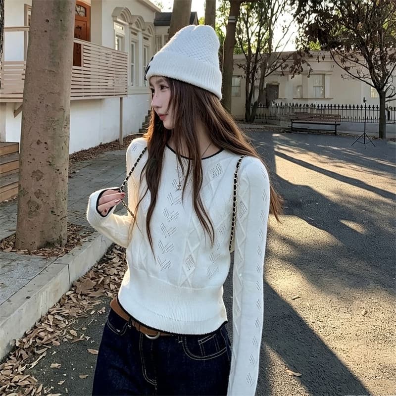 가을 겨울 새로운 한 부서 디자인 센스 배색 홀로우 아웃 긴팔 니트 스웨터 여성 인사이드 가져 가라. 슬림해 보이는 풀오버 맨위 여성 상세 이미지 4