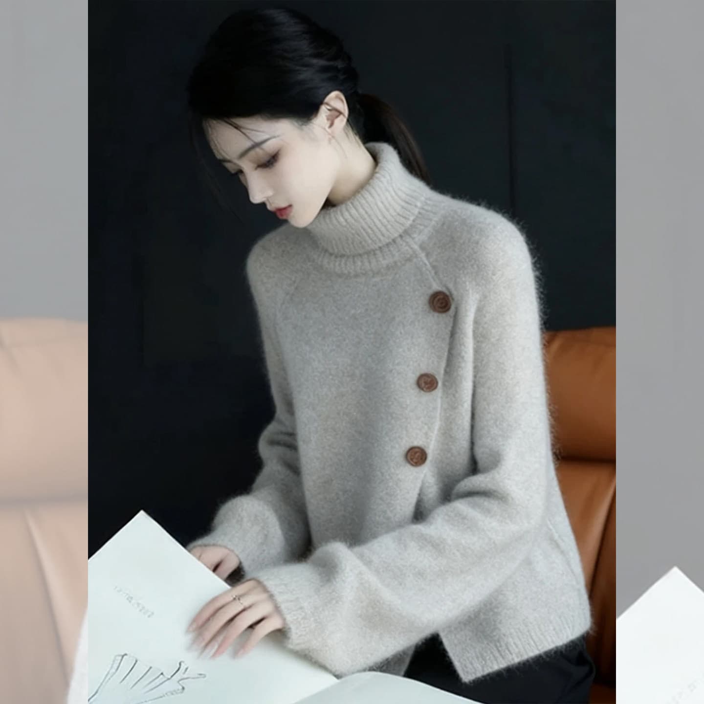 스타일 터틀넥 트임 스웨터 여자 가을 겨울 새로운 고급 센스 느긋한 바람 루즈핏 슬림해 보이는 다용도 니트 스웨터 맨위 이미지 2