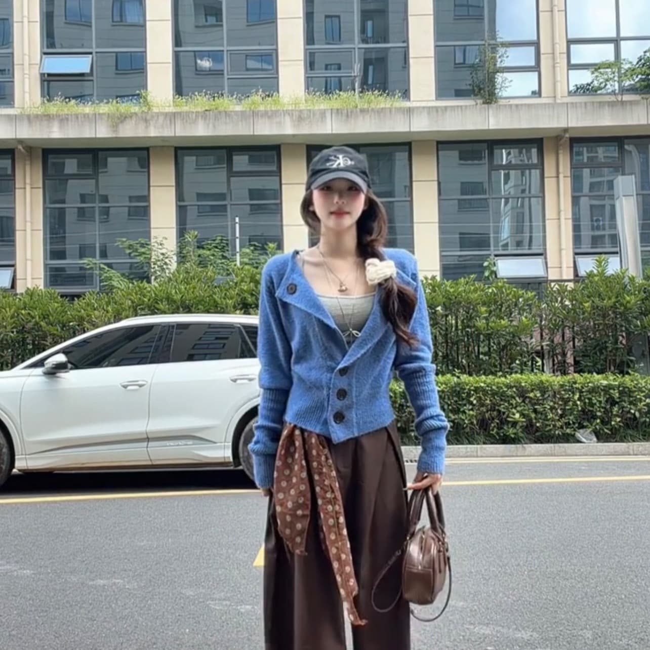 한 부서 느긋한 오픈 가디건 허리 수축 스웨터 코트 인사이드 가져 가라. 스트라이프 캐미솔 투피스 세트 디자인 센스 작은 대중 맨위 상세 이미지 3