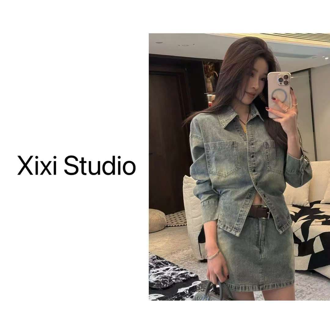 웨스트 허리 수축 긴팔 데님 맨위 데님 치마 세트 상세 이미지 3