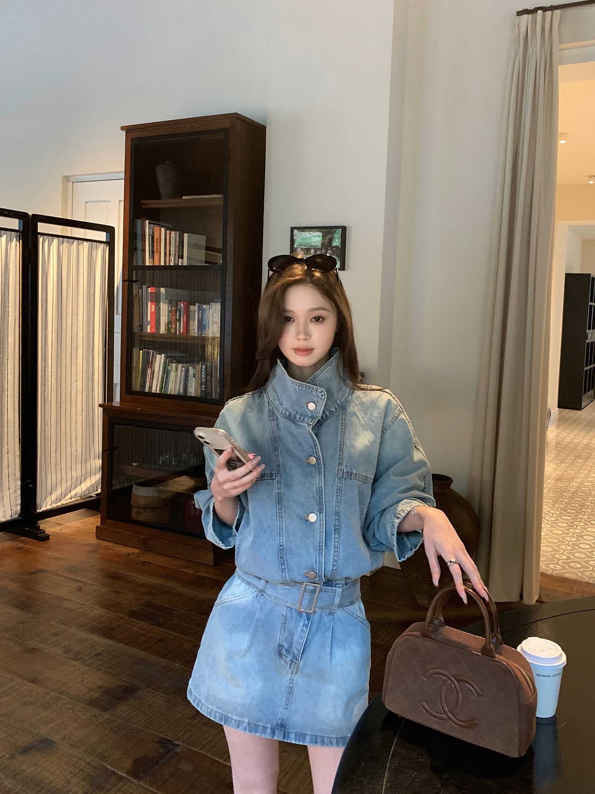 현대 가스 필드 허리 수축 데님 드레스 워크웨어 스탠드 칼라 미니 스커트 이미지 4