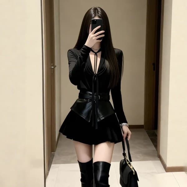 핫걸 바람 검정색 V넥 튀김 거리 레이스업 허리 수축 맨위 한 마디 플리츠 미니 스커트 투피스 세트 가을 겨울 고급 센스 세트 이미지 2