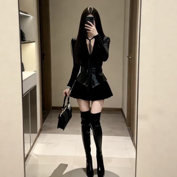 핫걸 바람 검정색 V넥 튀김 거리 레이스업 허리 수축 맨위 한 마디 플리츠 미니 스커트 투피스 세트 가을 겨울 고급 센스 세트 이미지 4