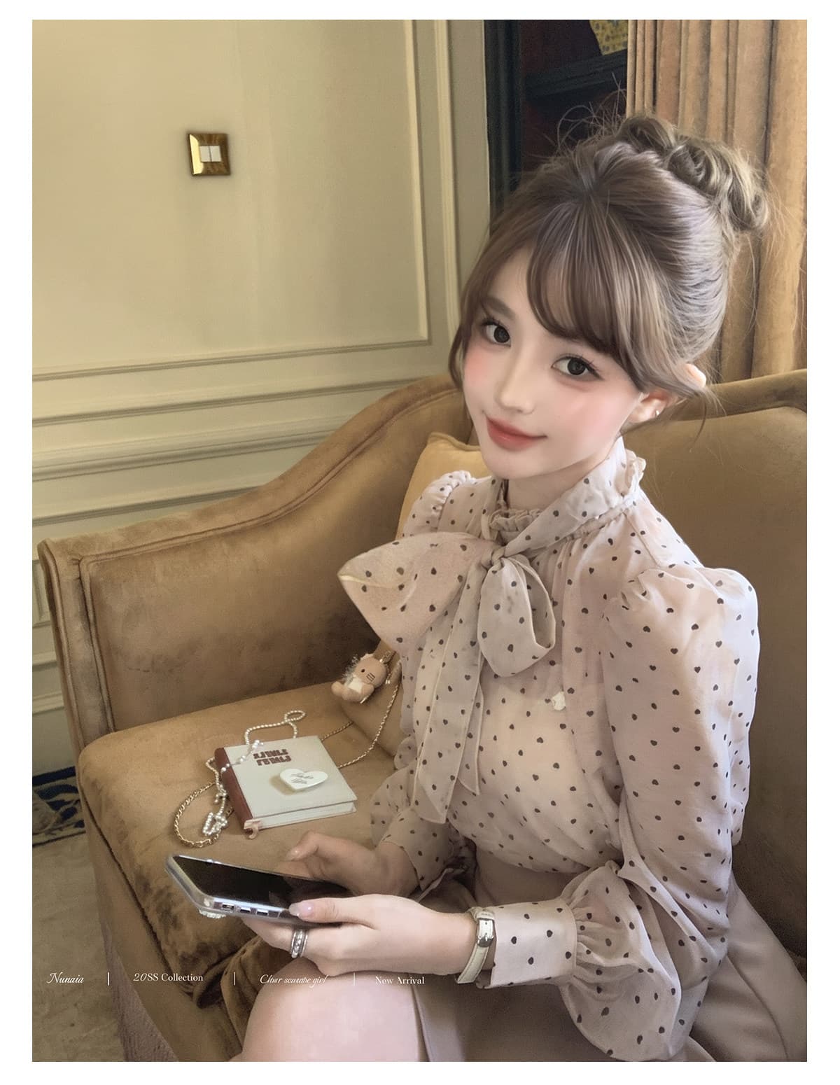 달콤한 수선화 직장 연습생 나비 넥타이 거품 소매 여성 셔츠 허리 수축 다용도 스트라이프 셔츠 긴팔 이미지 2