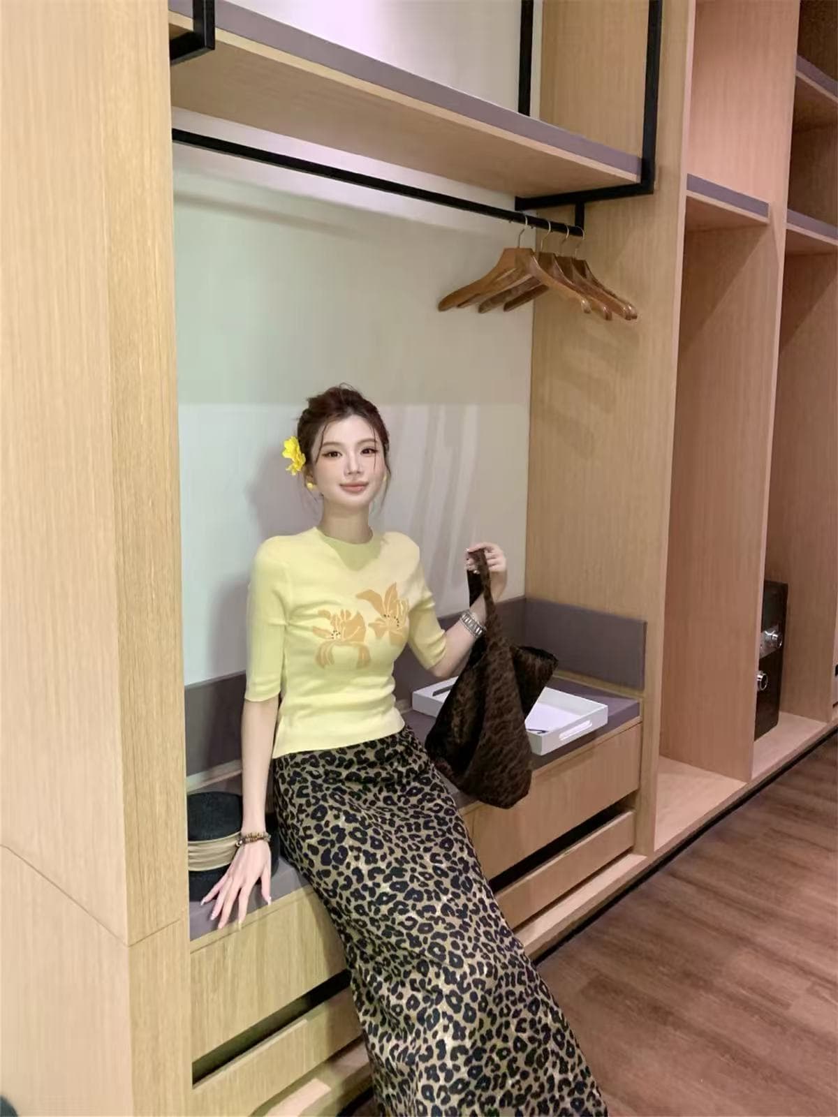 다우 시시 cheese 분위기 질감 봄 여름 한국 스타일 레트로 캐주얼 레오파드 무늬 패션 다용도 하이웨이스트 반신 스커트 여성 상세 이미지 3