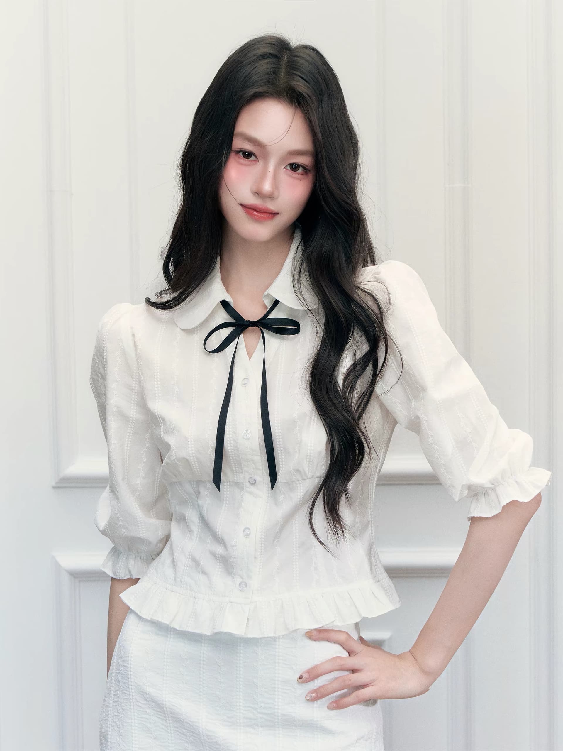 8 4new 인기도 신제품 깨지기 쉬운 스토어 베이비 칼라 학원 스타일 중간 소매 셔츠 타이트 스커트 투피스 세트 상세 이미지 4