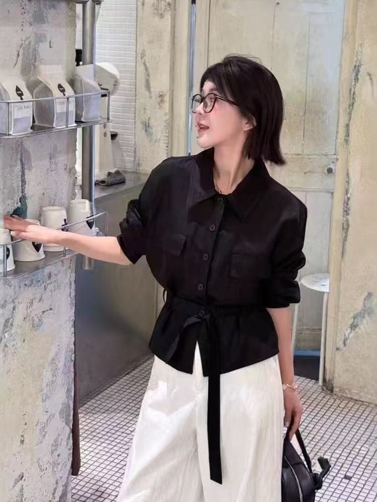 유럽 상품 2026 가을 느슨함 센스 패션 다용도 허리 수축 긴팔 여성 셔츠 디자인 센스 작은 대중 Chic 맨위 트렌디 상세 이미지 1
