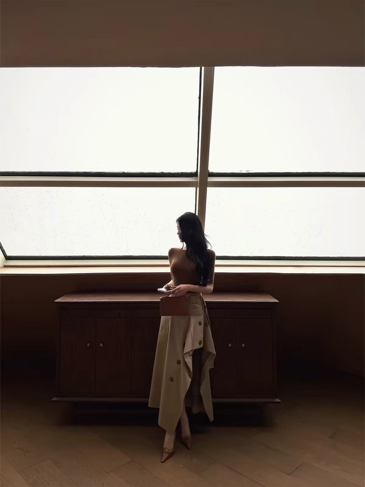파리 길모퉁이 영국식 바람 디자인 센스 하이웨이스트 비대칭 반 스커트 체크무늬 한 마디 우산 치마 n 상세 이미지 5