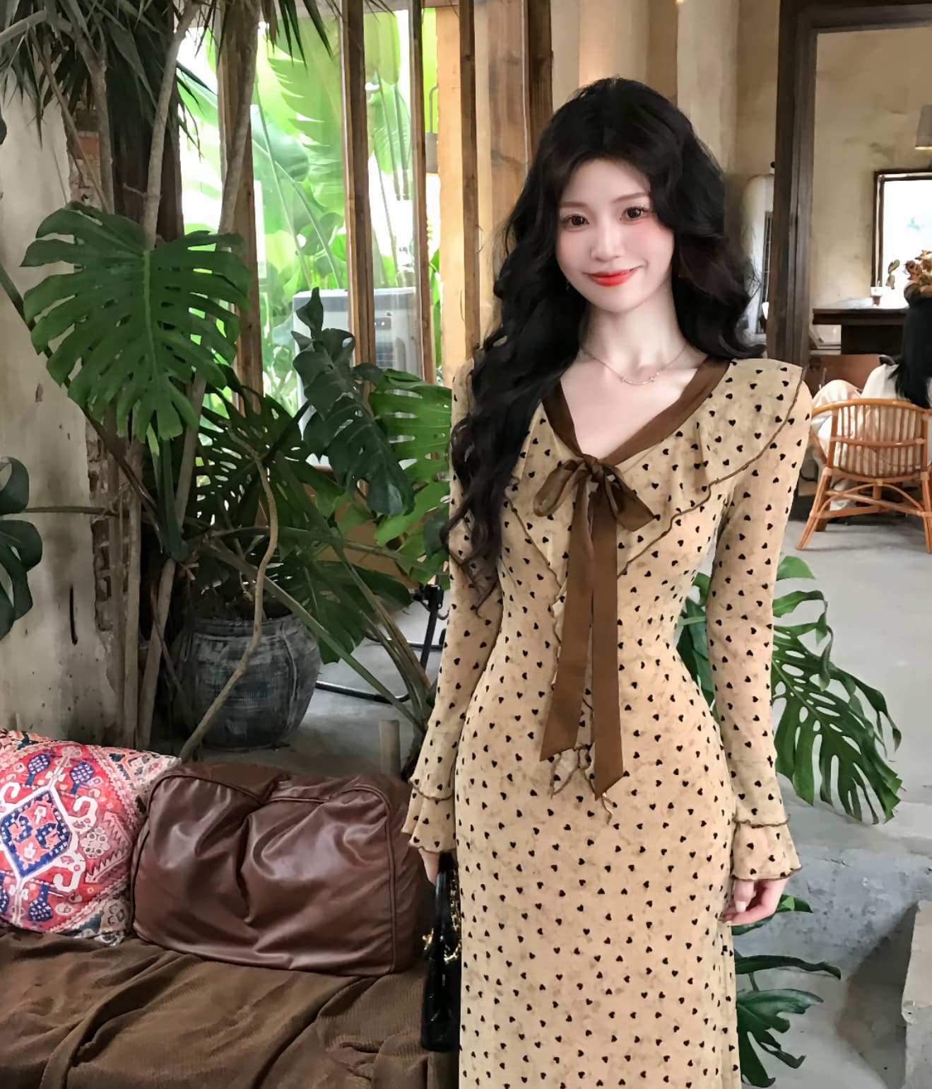 폴카 블랙 숙련 된 하트 도트 무늬 V넥 프릴 이른 가을 몸매 가꾸기 슬림해 보이는 품격 프랑스식 하이웨이스트 인어 꼬리 이미지 4