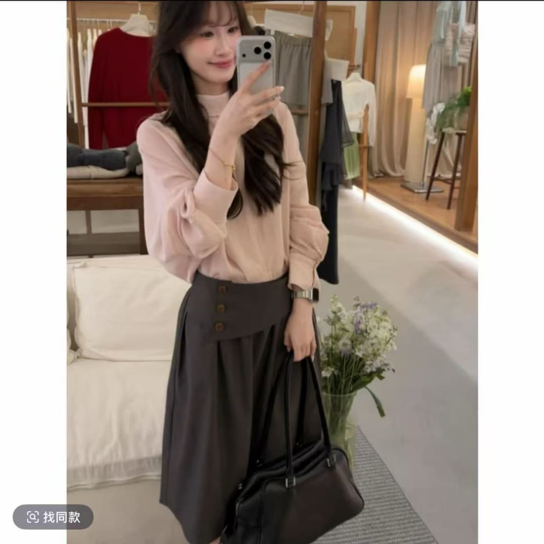 가을 새로운 한 부서 부드러운 긴팔 셔츠 가져 가라. 한 마디 하이웨이스트 슬림해 보이는 반신 스커트 미니멀리즘 품격 패션 세트 상세 이미지 3