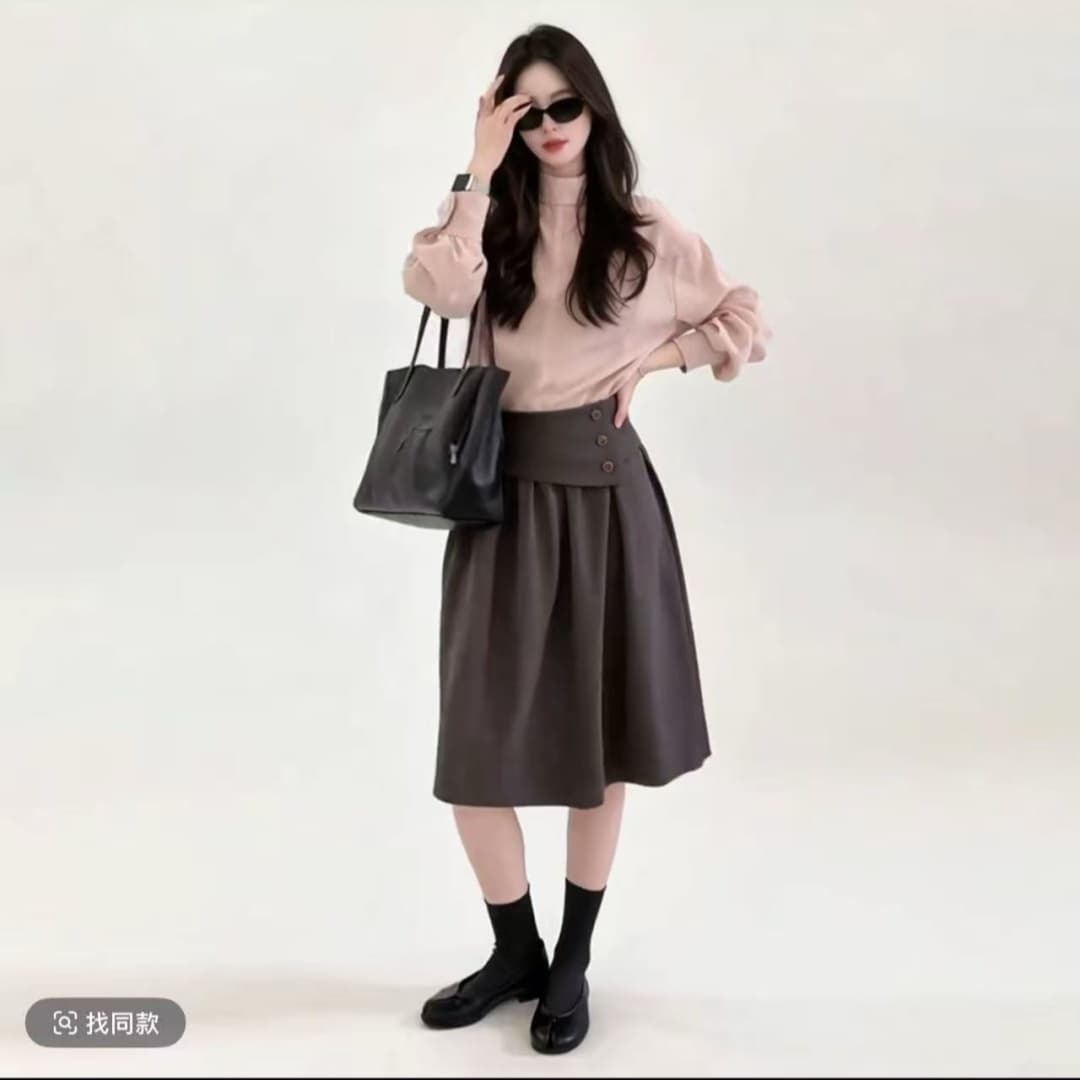 가을 새로운 한 부서 부드러운 긴팔 셔츠 가져 가라. 한 마디 하이웨이스트 슬림해 보이는 반신 스커트 미니멀리즘 품격 패션 세트 상세 이미지 4