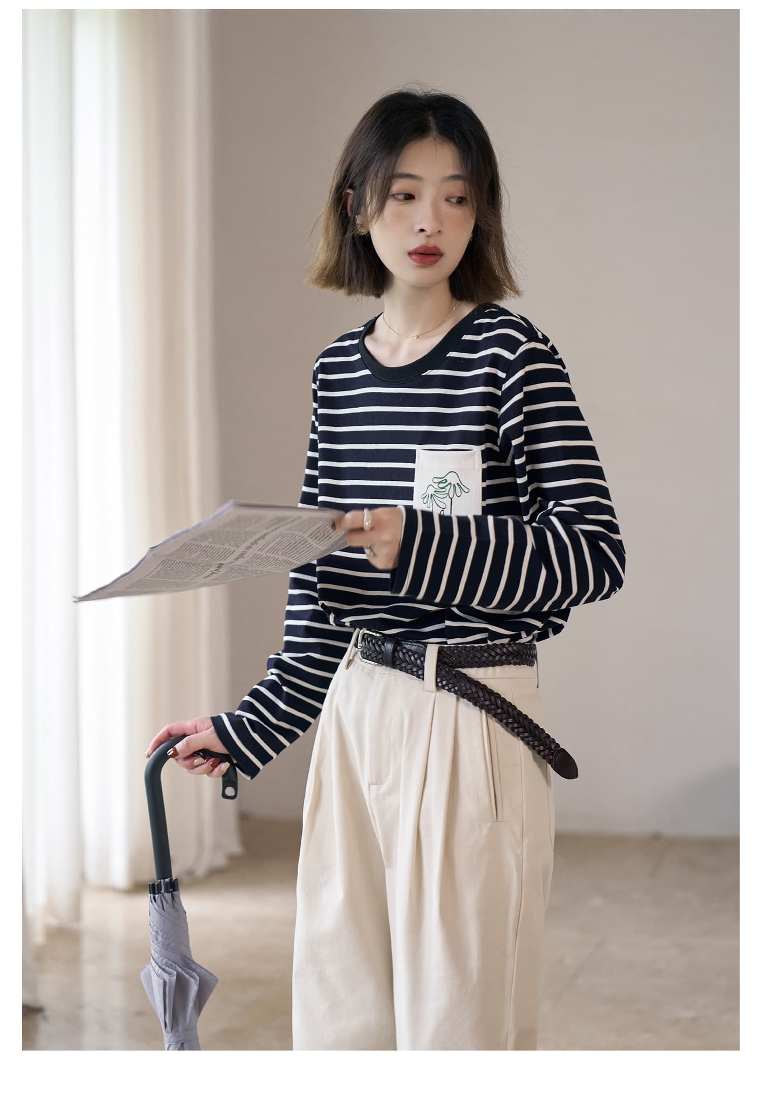 흰 그림 작업장 해안 편지 스트라이프 티셔츠 여성 긴 소매 라운드 넥 순면 인사이드 가져 가라. 슬림해 보이는 맨위 이미지 3