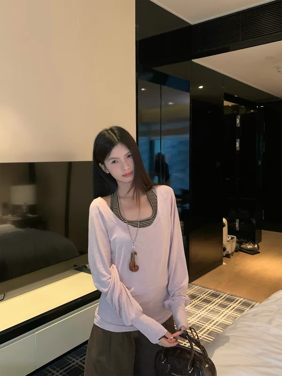 하나 반짝임 봄 가을 핑크색 블라우스 여성 긴 소매 티셔츠 외출용 맨위 커피 색상 스트라이프 캐미솔 투피스 세트 이미지 3