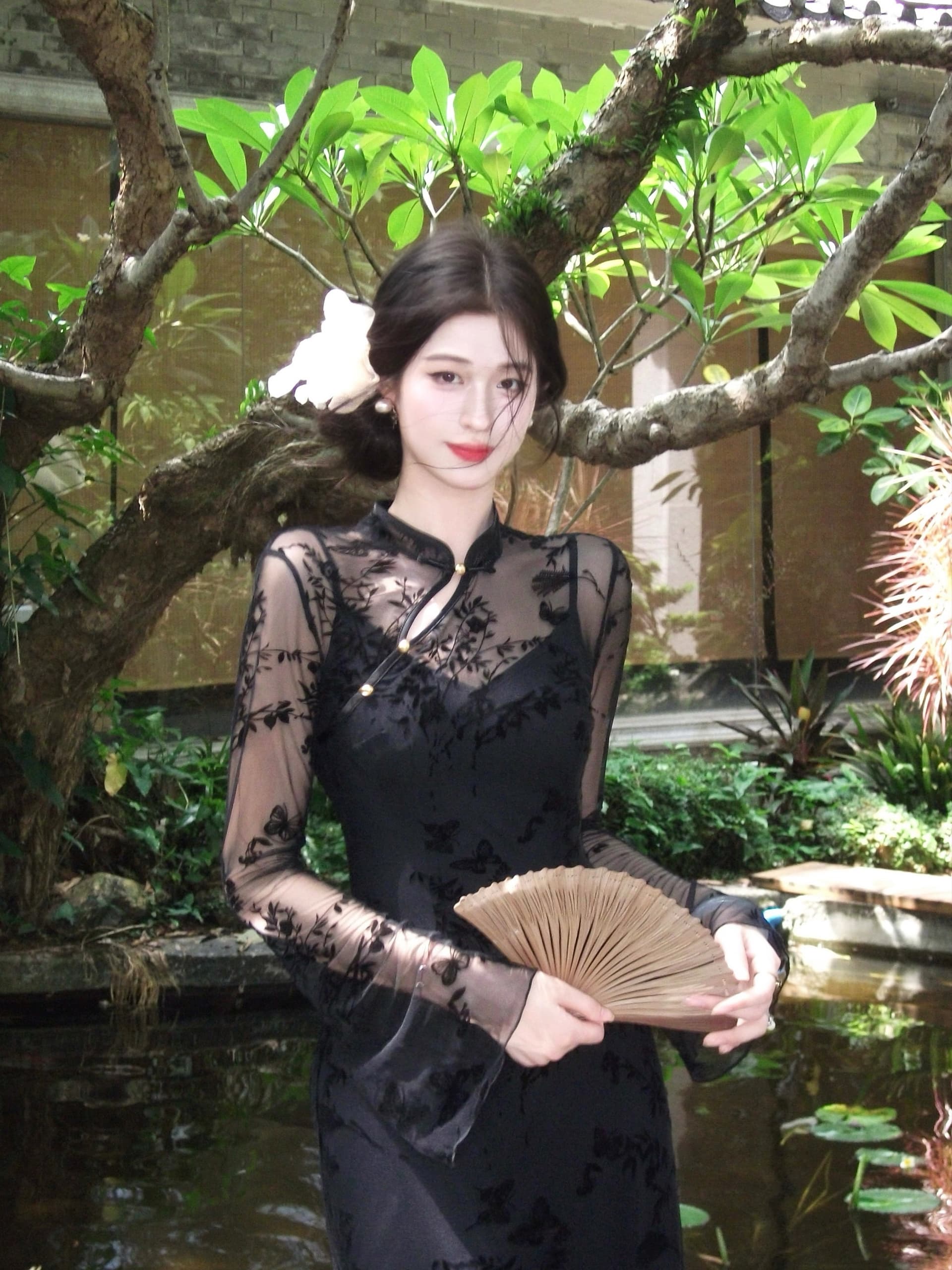 링 茜 거만한 와우 법사 실 나비 꿈 새로운 중식 나비 식물 플러시 치파오 허리 수축 슬림해 보이는 슬립 드레스 투피스 세트 이미지 3