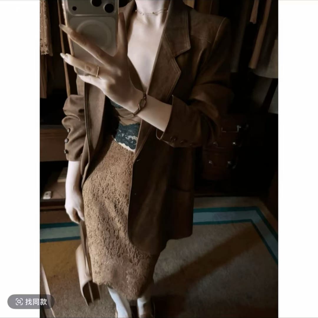 빛 요리 한 아름다운 세트 여성 조기 가을 고급 센스 로얄 자매 핫걸 브라운 블레이저 인사이드 가져 가라. 레이스 반신 스커트 이미지 2