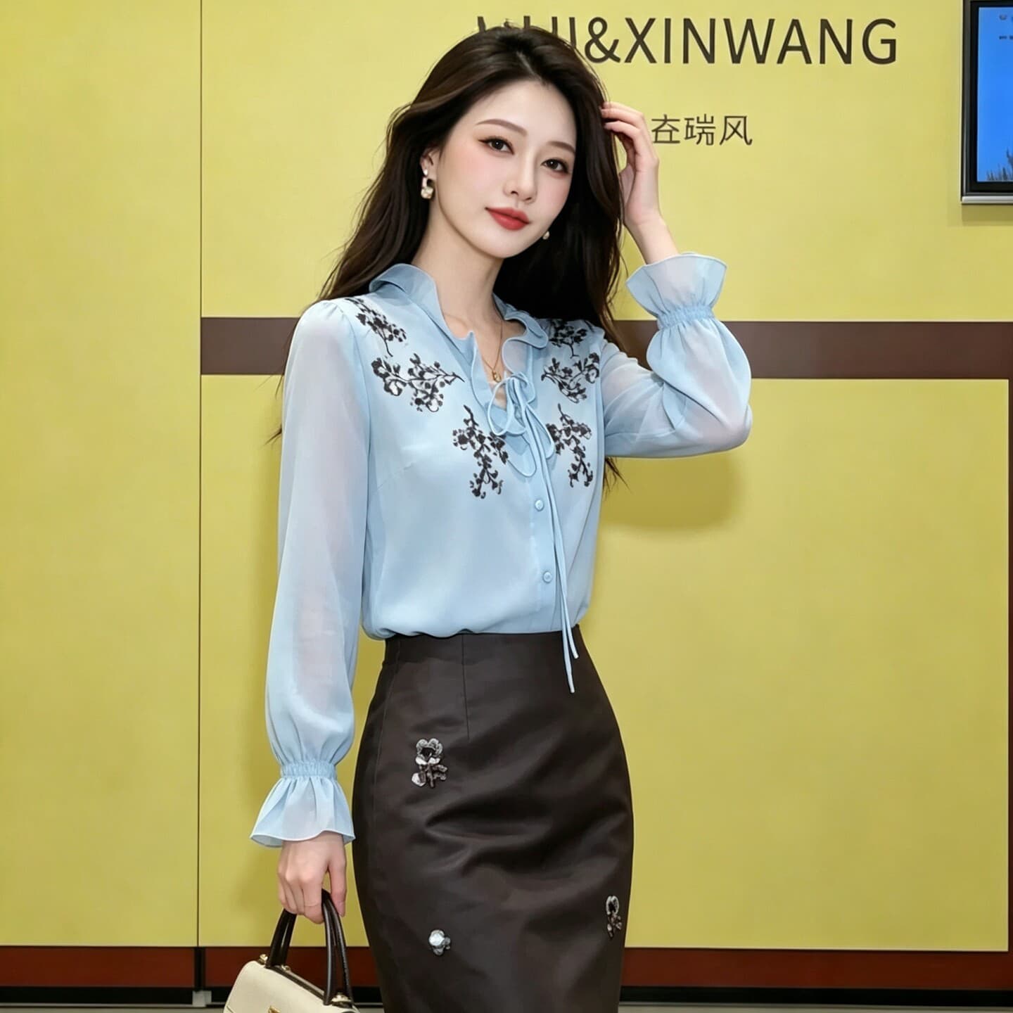 보여주기 그리고 고급 양모 파빌리온 2026 이른 가을 새로운 패션 프릴 칼라 무거운 작업 비즈 박기 긴팔 셔츠 여성 셔츠 이미지 3