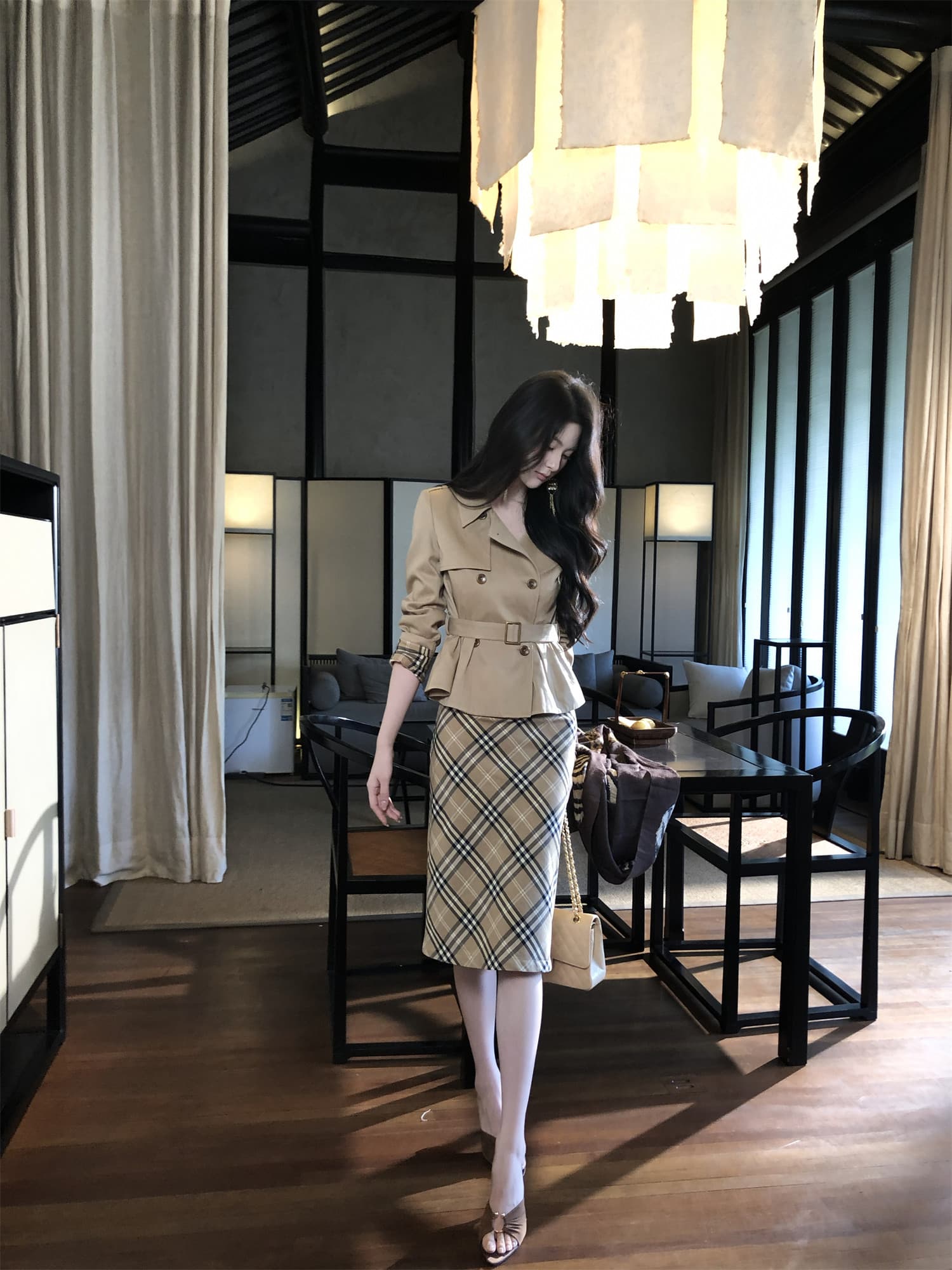 하나부터 순간 반도 라이 경기 서울 면 쇼트 스타일 재킷 재킷 레트로 체크무늬 타이트 스커트 반 스커트 출퇴근 착용 가져 가라. 상세 이미지 1