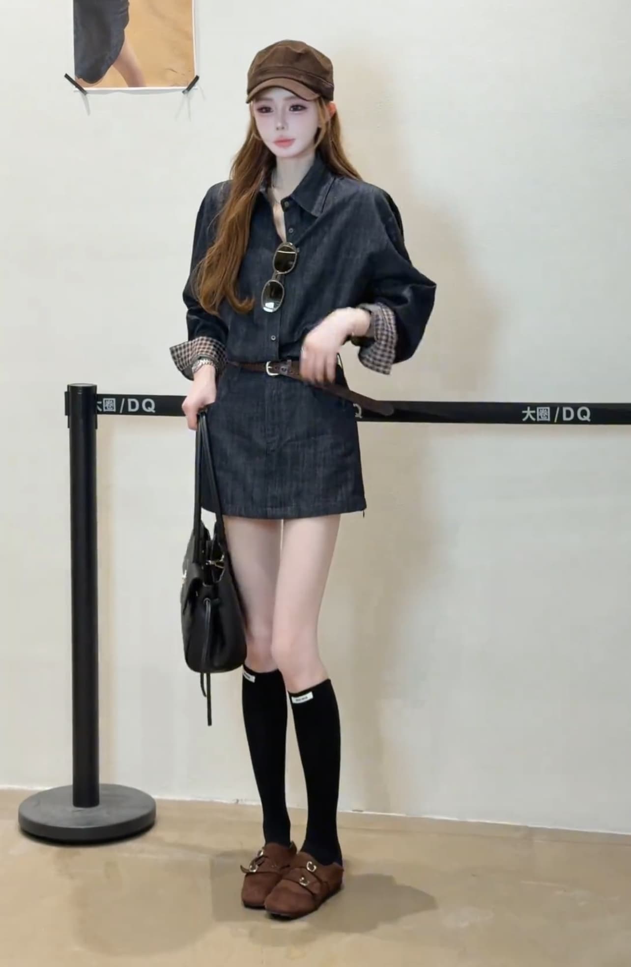 체스 판 그리드 vintage 소매 싸움 체크무늬 데님 셔츠 치마 세트 이미지 4