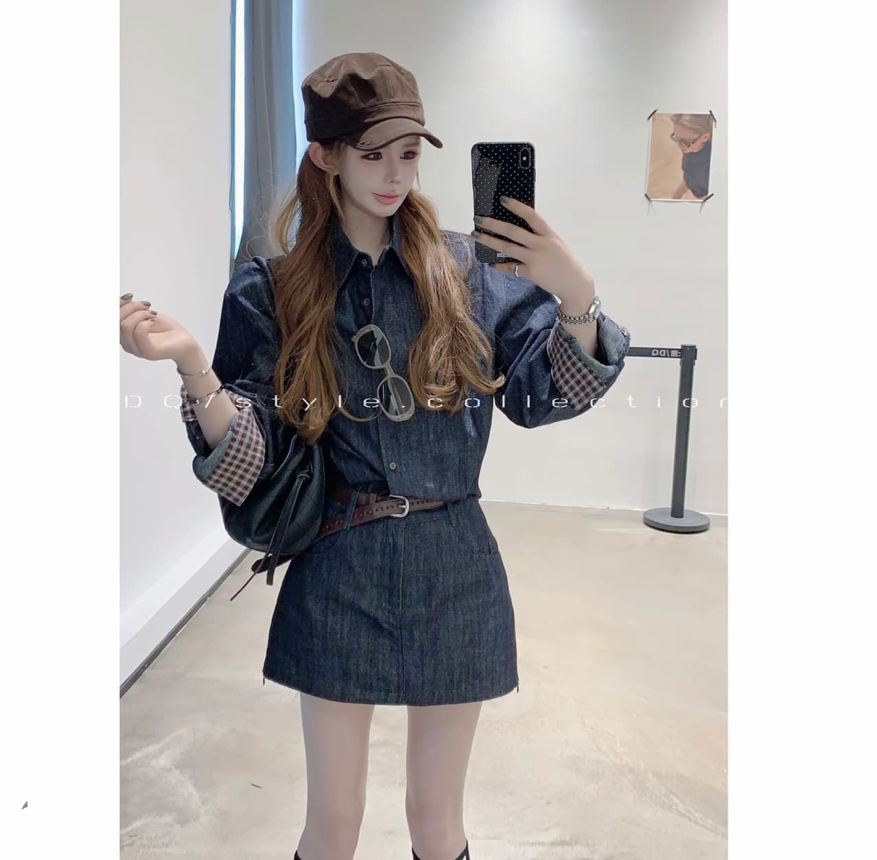 체스 판 그리드 vintage 소매 싸움 체크무늬 데님 셔츠 치마 세트 상세 이미지 1