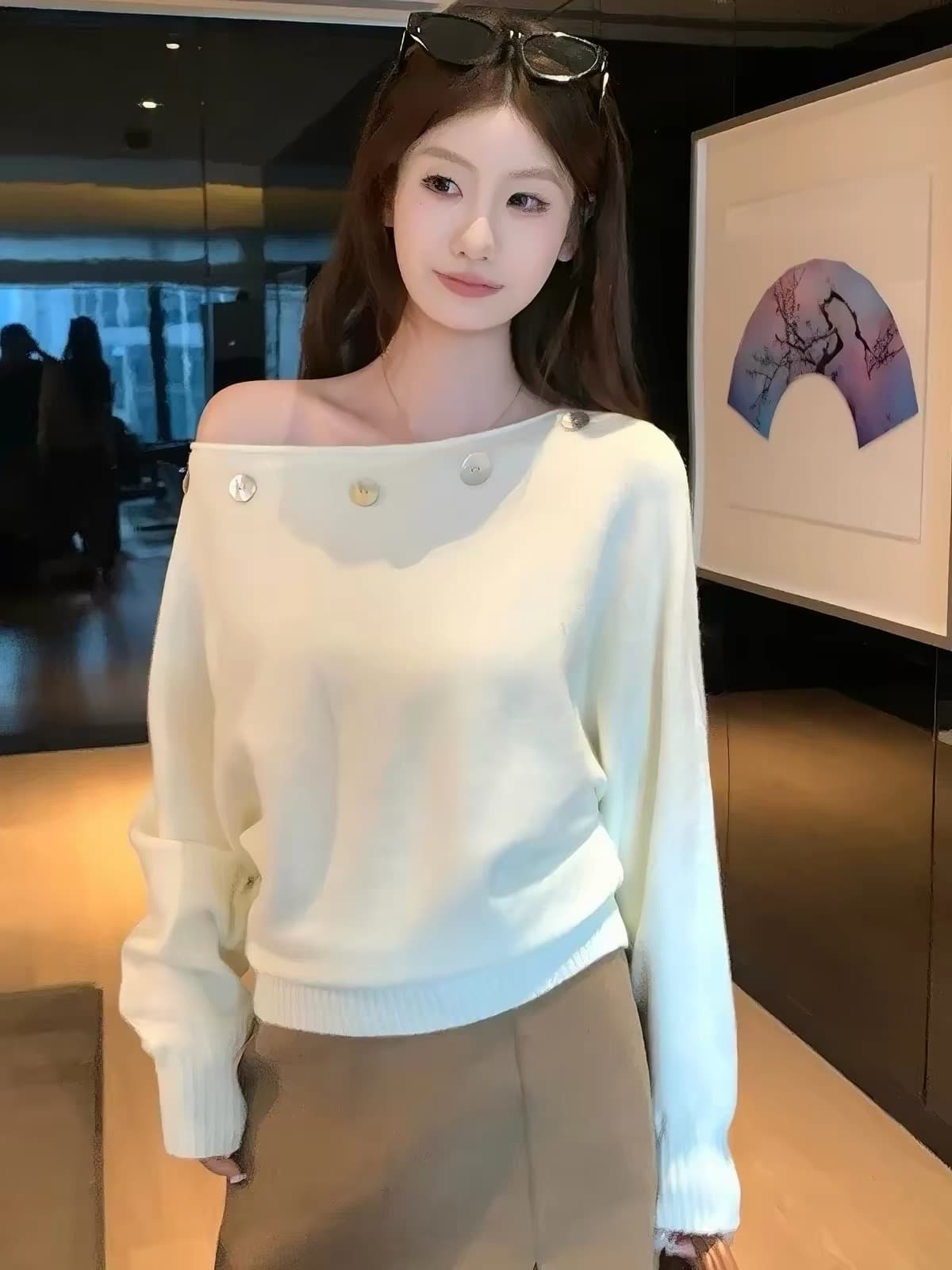 고유 한 아름다운 이른 가을 보트넥 기본 셔츠 여성 인사이드 가져 가라. 느슨함 센스 느긋한 오프숄더 스웨터 긴팔 니트 맨위 이미지 3
