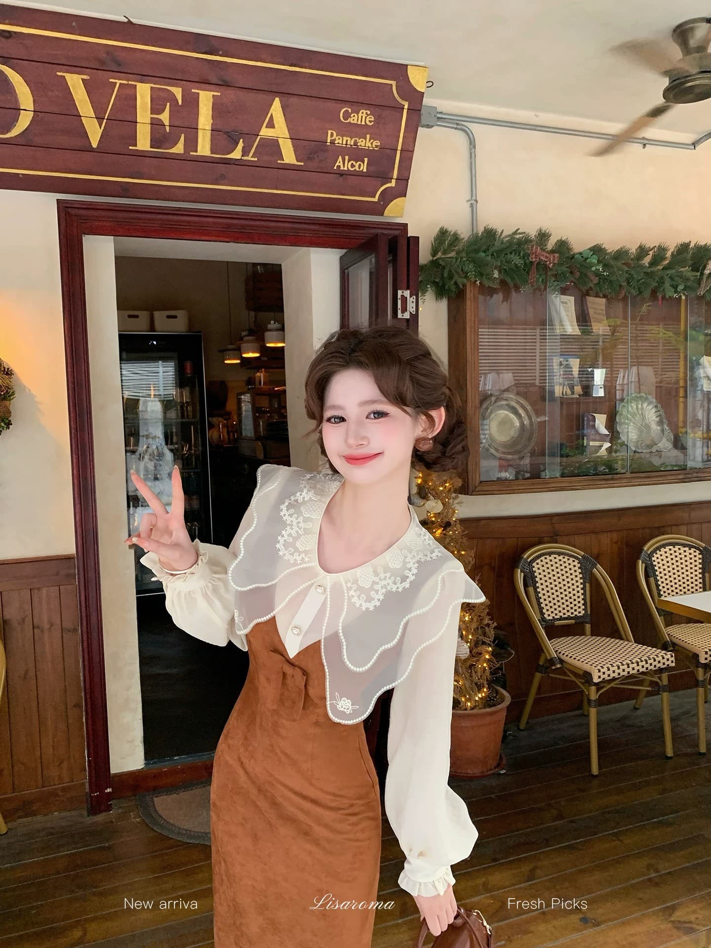 평생 로마의 꿀 머핀 프랑스식 레트로 캐러멜 레이스 페이크 레이어드 여성 드레스 가을 몸매 가꾸기 롱 스커트 상세 이미지 2