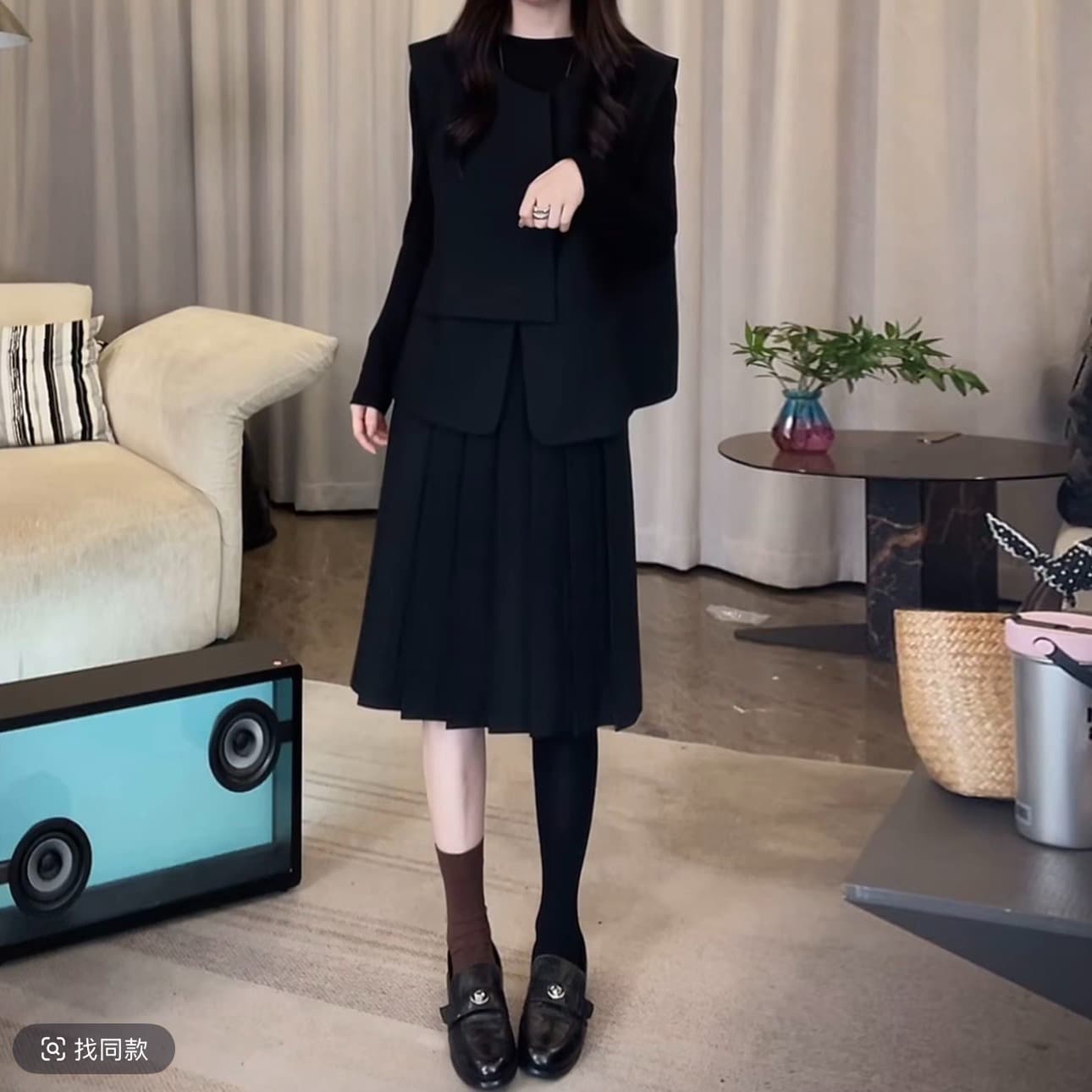 쌀 수 있습니다. mk-4412zj 라운드 넥 스트라이프 베스트 블랙 t+ 반신 치마 세트 패션 가을 새로운 3종 세트 이미지 5