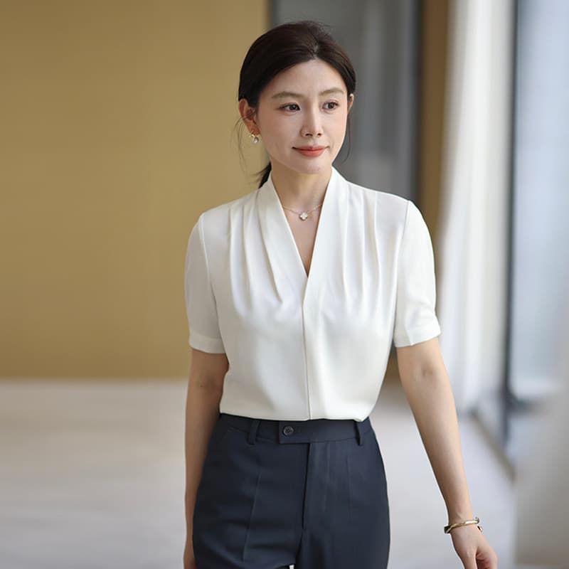 가을 새로운 고급 화이트 새틴 V넥 여성 셔츠 품격 정장 인사이드 가져 가라. 셔츠 프랑스식 경력 긴팔 맨위 이미지 3