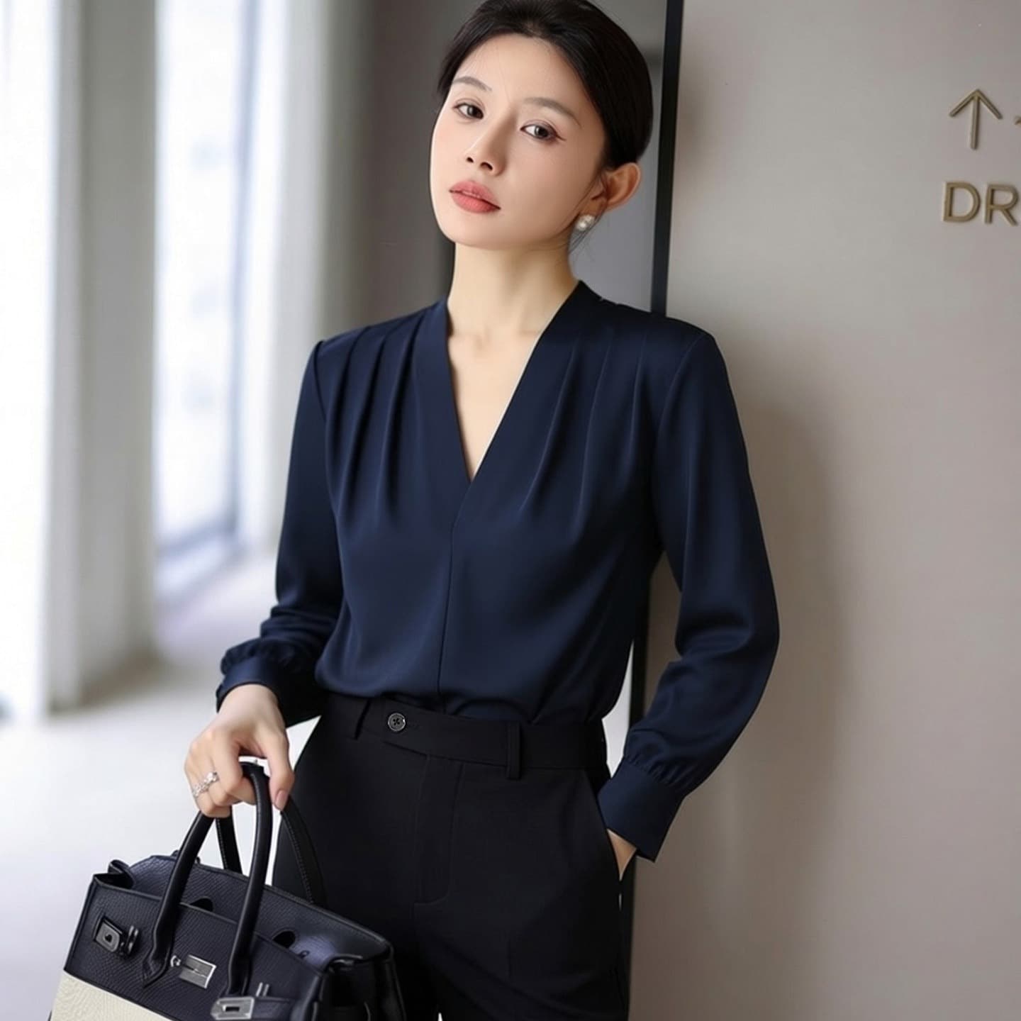 가을 새로운 고급 화이트 새틴 V넥 여성 셔츠 품격 정장 인사이드 가져 가라. 셔츠 프랑스식 경력 긴팔 맨위 이미지 5