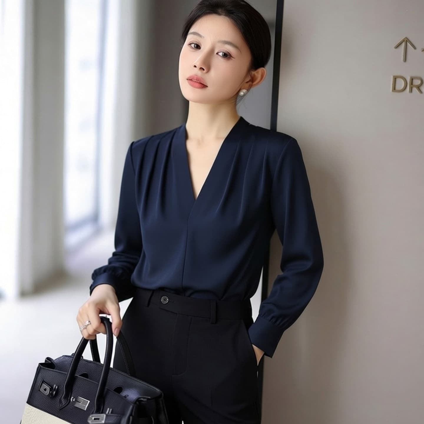 가을 새로운 고급 화이트 새틴 V넥 여성 셔츠 품격 정장 인사이드 가져 가라. 셔츠 프랑스식 경력 긴팔 맨위 상세 이미지 3