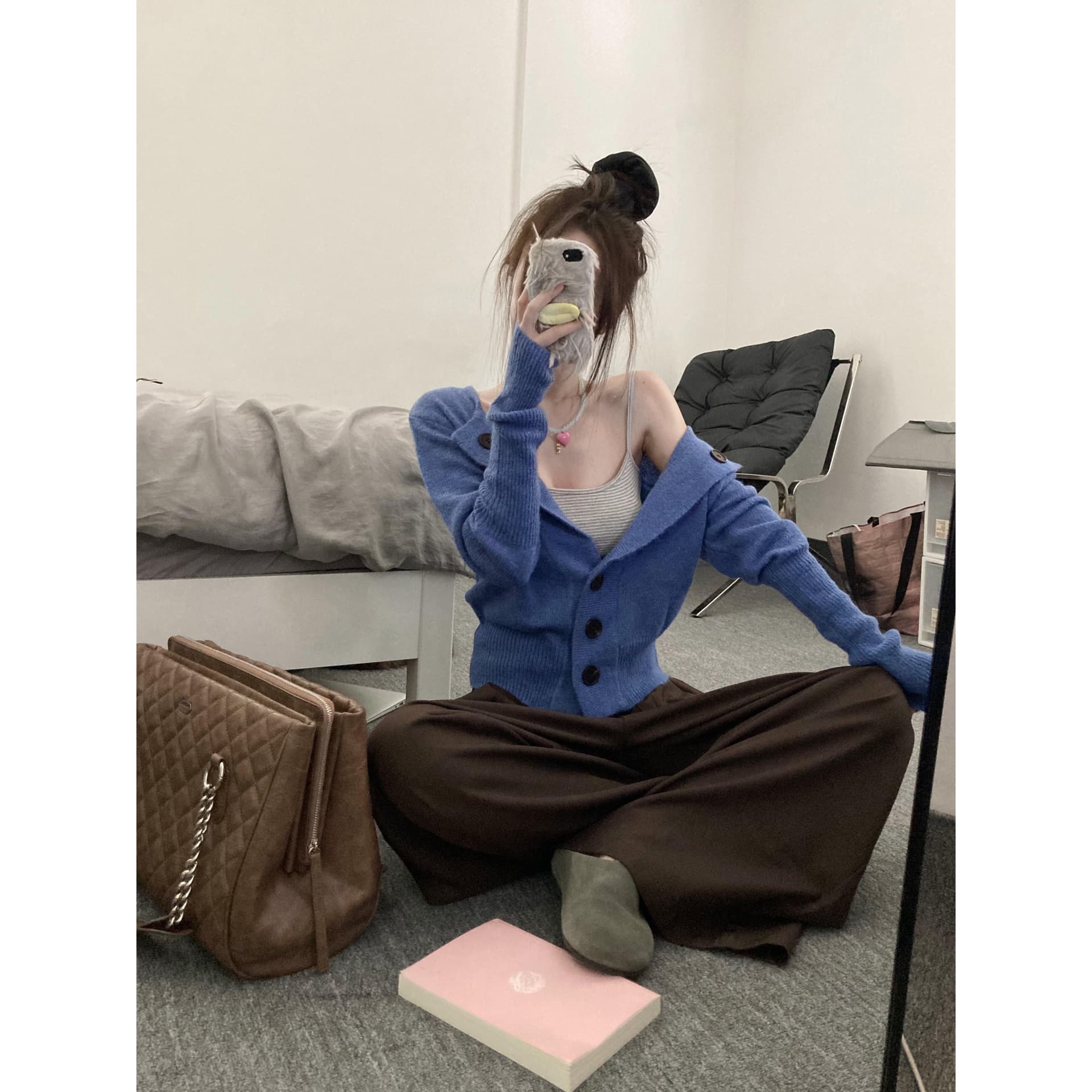 한 부서 패션 파란색 스웨터 코트 허리 수축 니트 스트라이프 여성 인사이드 조끼 슬립 투피스 세트 신선함 세트 상세 이미지 2