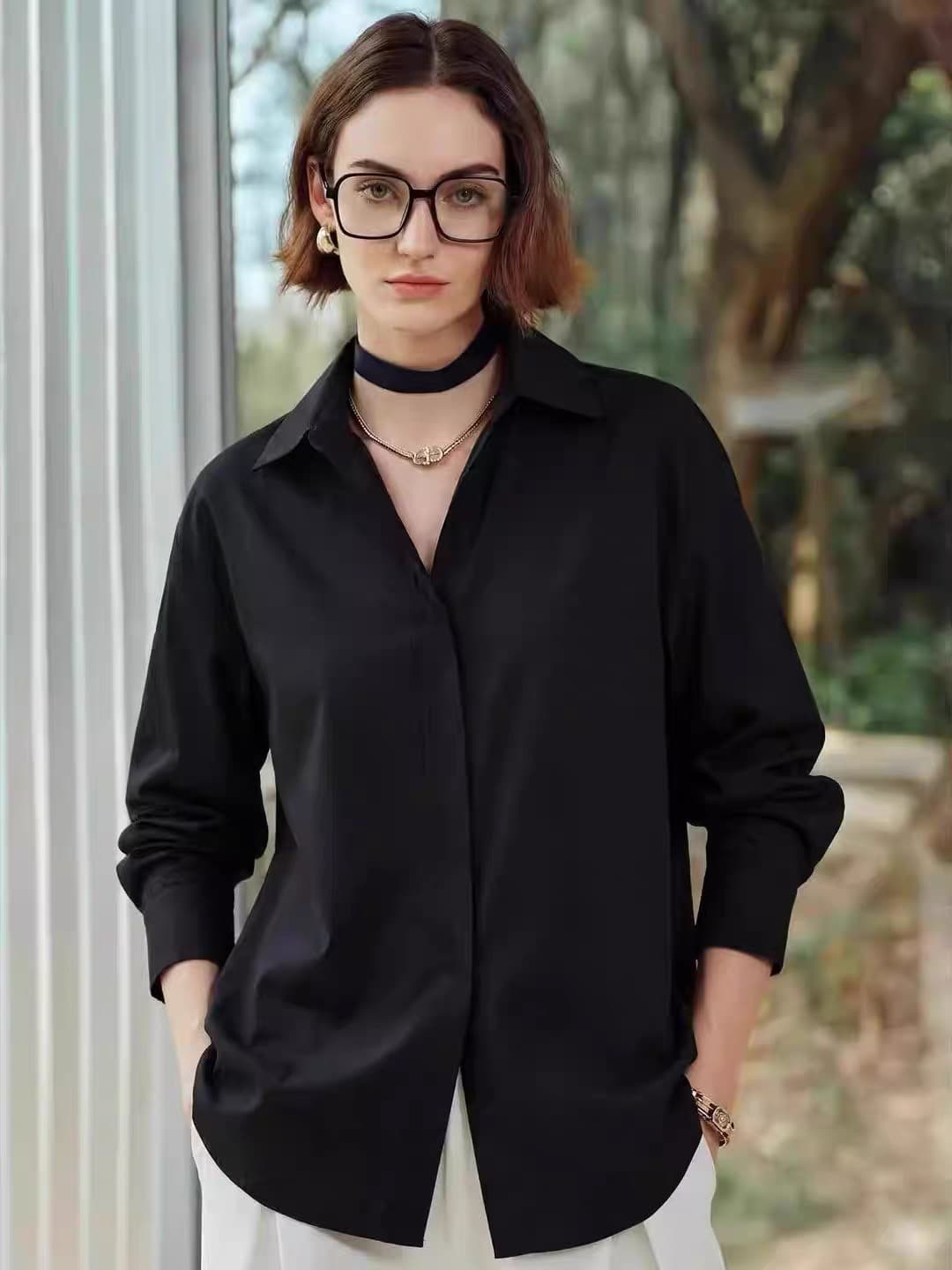 미니멀리즘 BF 바람 면 소재 있음 종류 루즈핏 긴팔 어두운 문 襟 셔츠 이탈리아 순면 상세 이미지 2