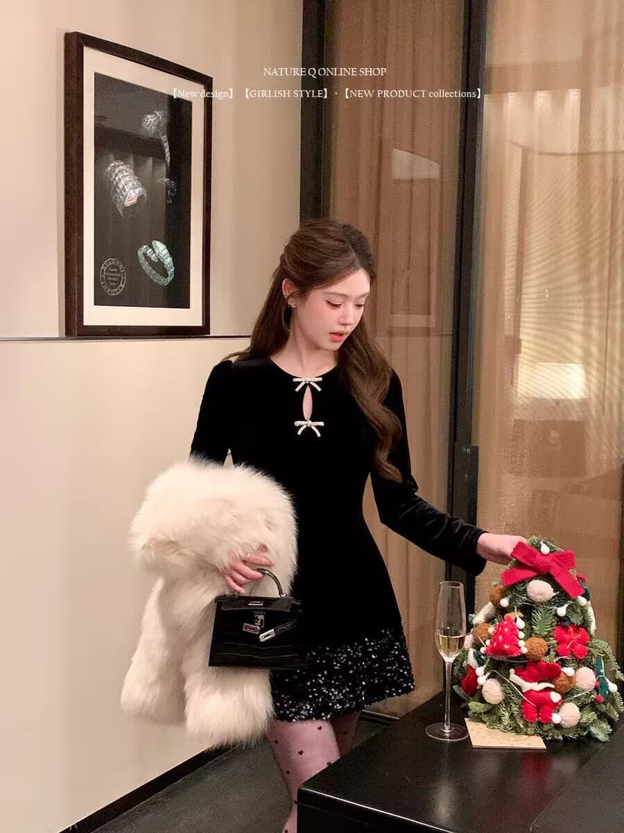 양 작은 볼륨 그는 벤 천 금빛 바람 스팽글 벨벳 검정색 드레스 연례 회의 생일 party 행사 치마 크리스마스 착용 가져 가라. 상세 이미지 2