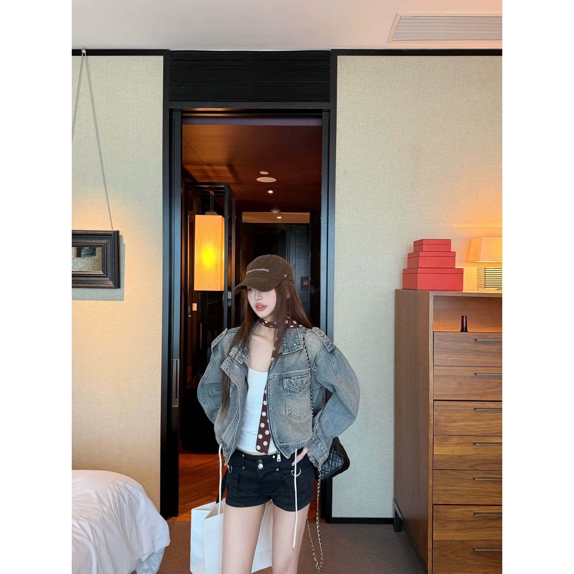오토바이 바람 레트로 워싱 무거운 작업 펌프 로프 POLO 칼라 데님 여성 코트 가을 새로운 다용도 루즈핏 외부 잡아라. 의류 상세 이미지 4