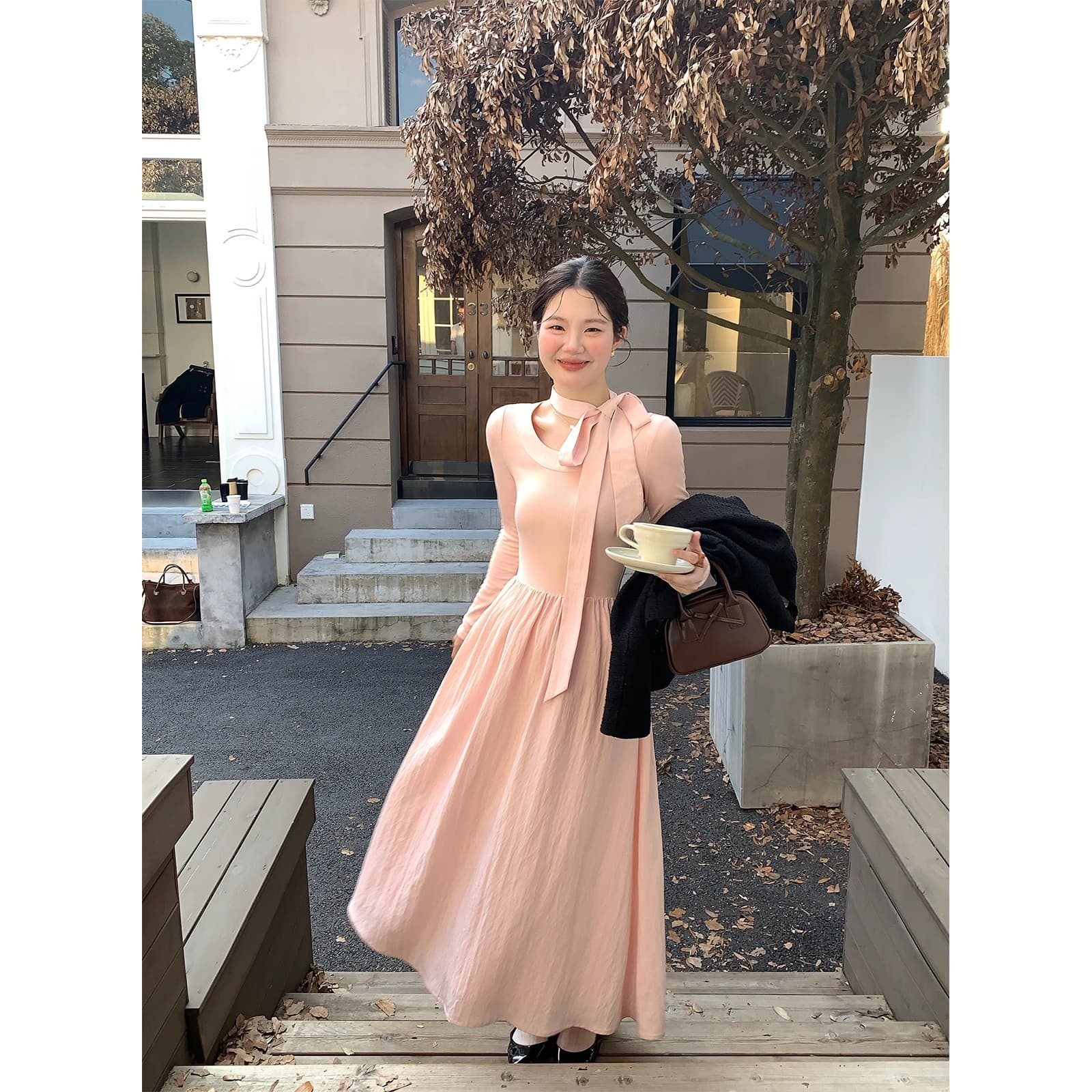 화재 화재 화재 우유 서리 복숭아 복숭아 한국 스타일 행침 목 니트 긴 소매 여성 드레스 부드러운 바람 허리 수축 가을 롱 스커트 상세 이미지 3