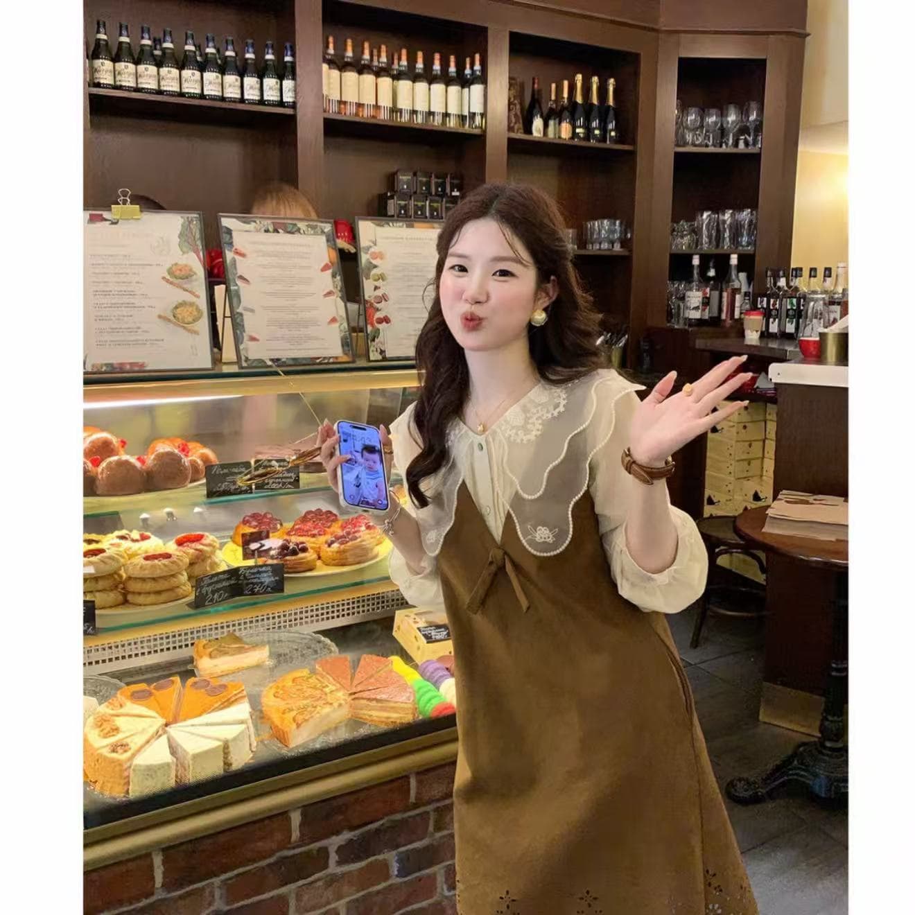 화재 화재 부드러운 안개 꽃밭 한 부서 베이비 칼라 레이스 셔츠 해시계 유토피아 스웨이드 원단 조끼 원피스 상세 이미지 1