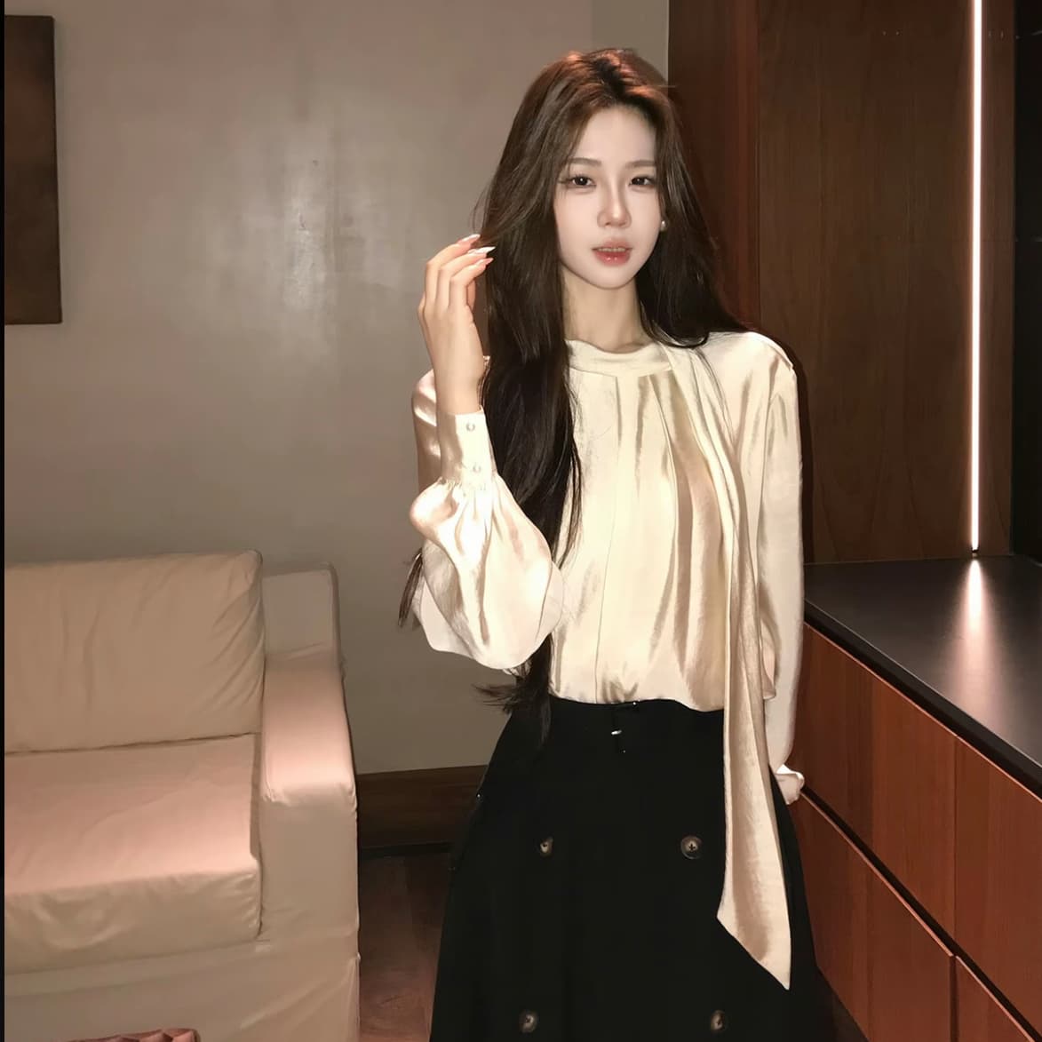 무쯔리 목자이 ~ 중 리 부유 한 가족 천 골드 품격 분위기 센스 리본 새틴 광택 맨위 큰 진자 반신 치마 세트 상세 이미지 1