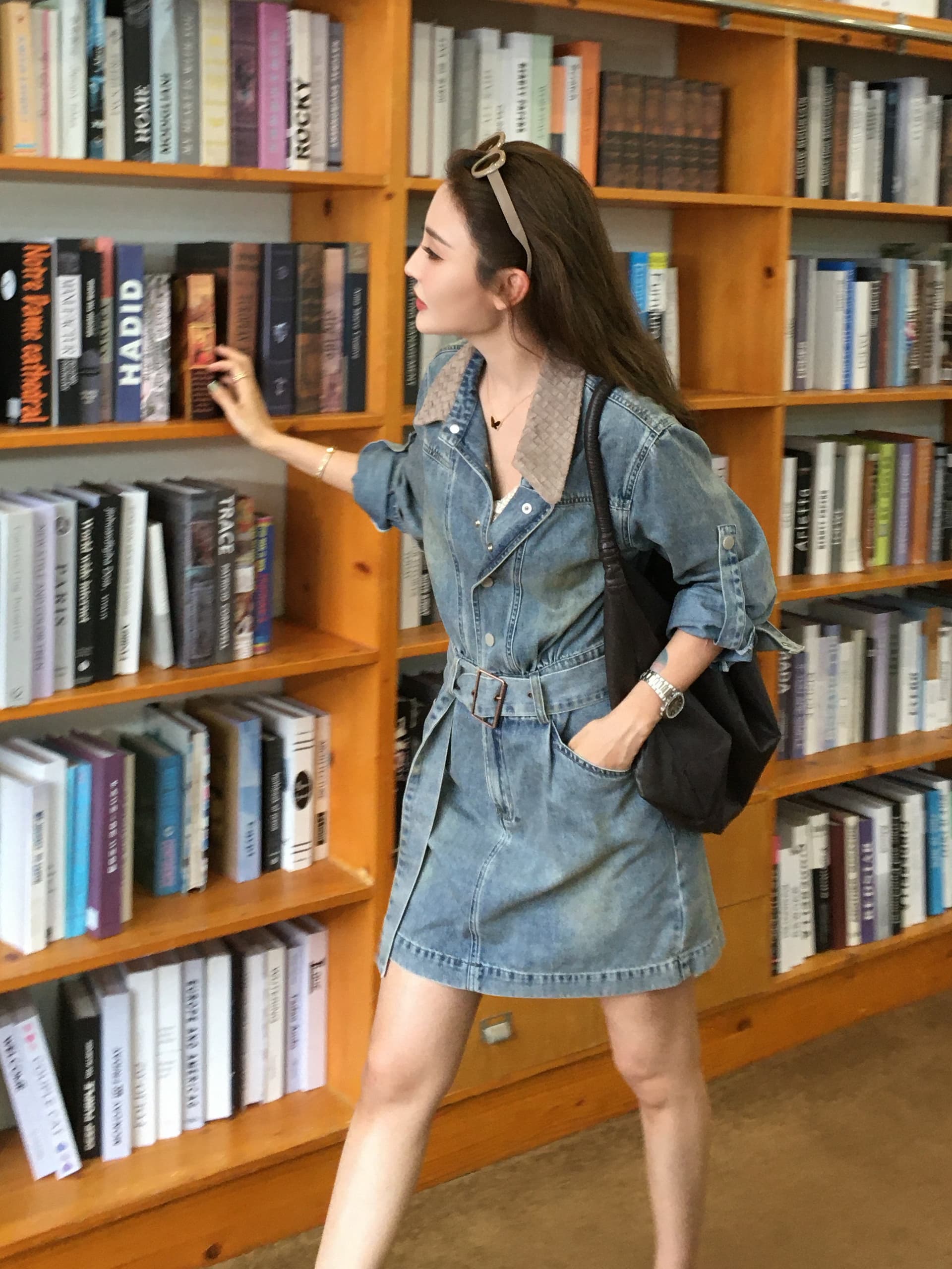 moprobably 리 줘 Connaught 밀 제직 치마 패치워크 옷깃 세차 물 긴팔 데님 드레스 품격 중간 스커트 이미지 3