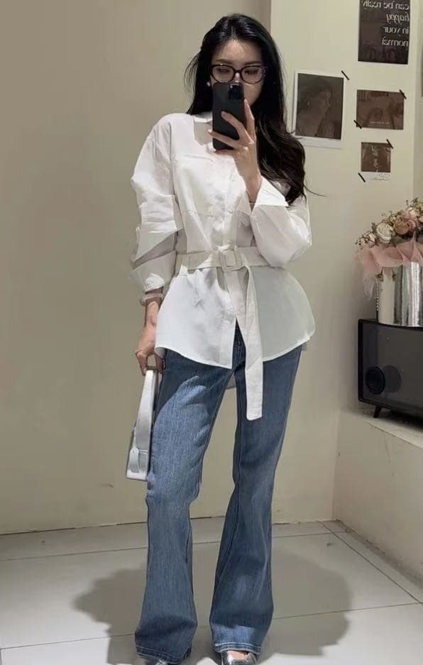 한 부서 품격 출퇴근 허리 수축 슬림해 보이는 긴팔 디자인 센스 셔츠 벨트 포함 봄 가을 맨위 이미지 3