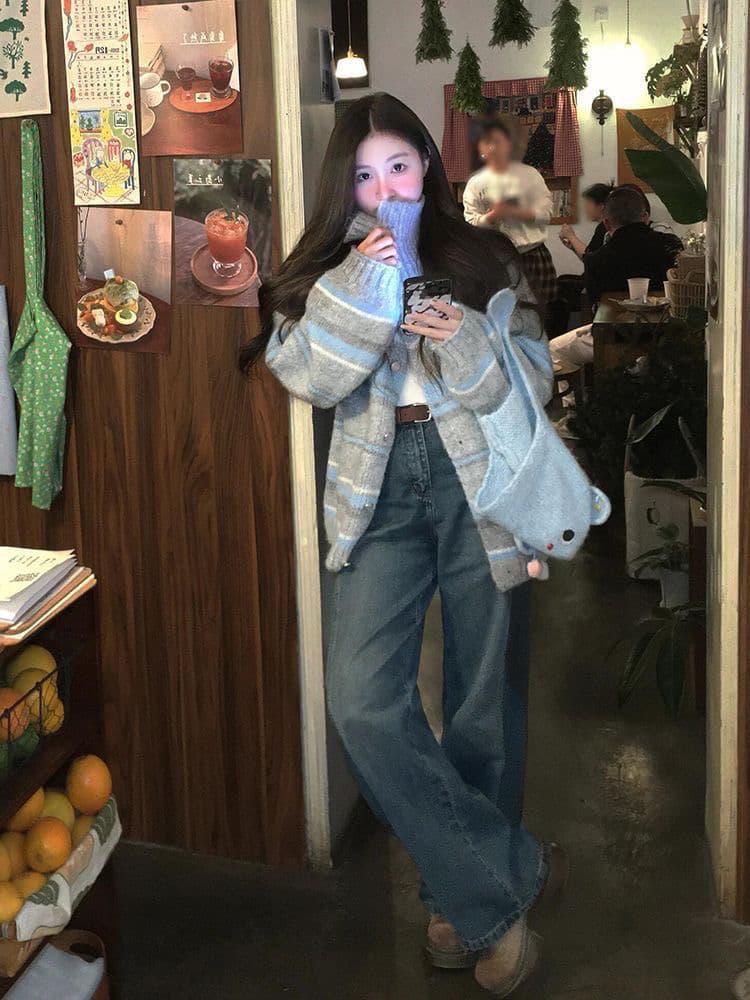 느긋한 바람 터틀넥 패치워크 색상 스트라이프 오픈 가디건 여성 코트 가을 겨울 고유 한 분위기 센스 루즈핏 맨위 재킷 보온 상세 이미지 3
