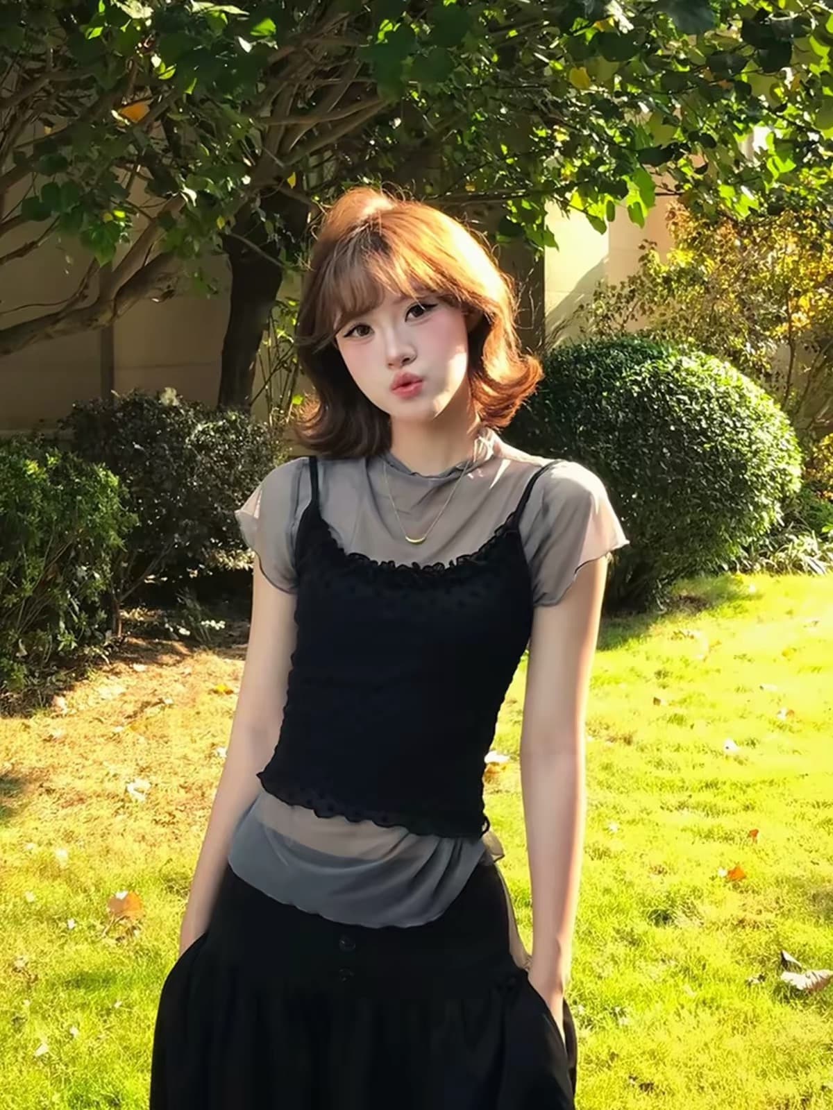 느긋한 한 여성 순수한 욕망 프릴 망사 스택 착용 검정색 도트 무늬 슬립 여름 새로운 투피스 세트 맨위 상세 이미지 1