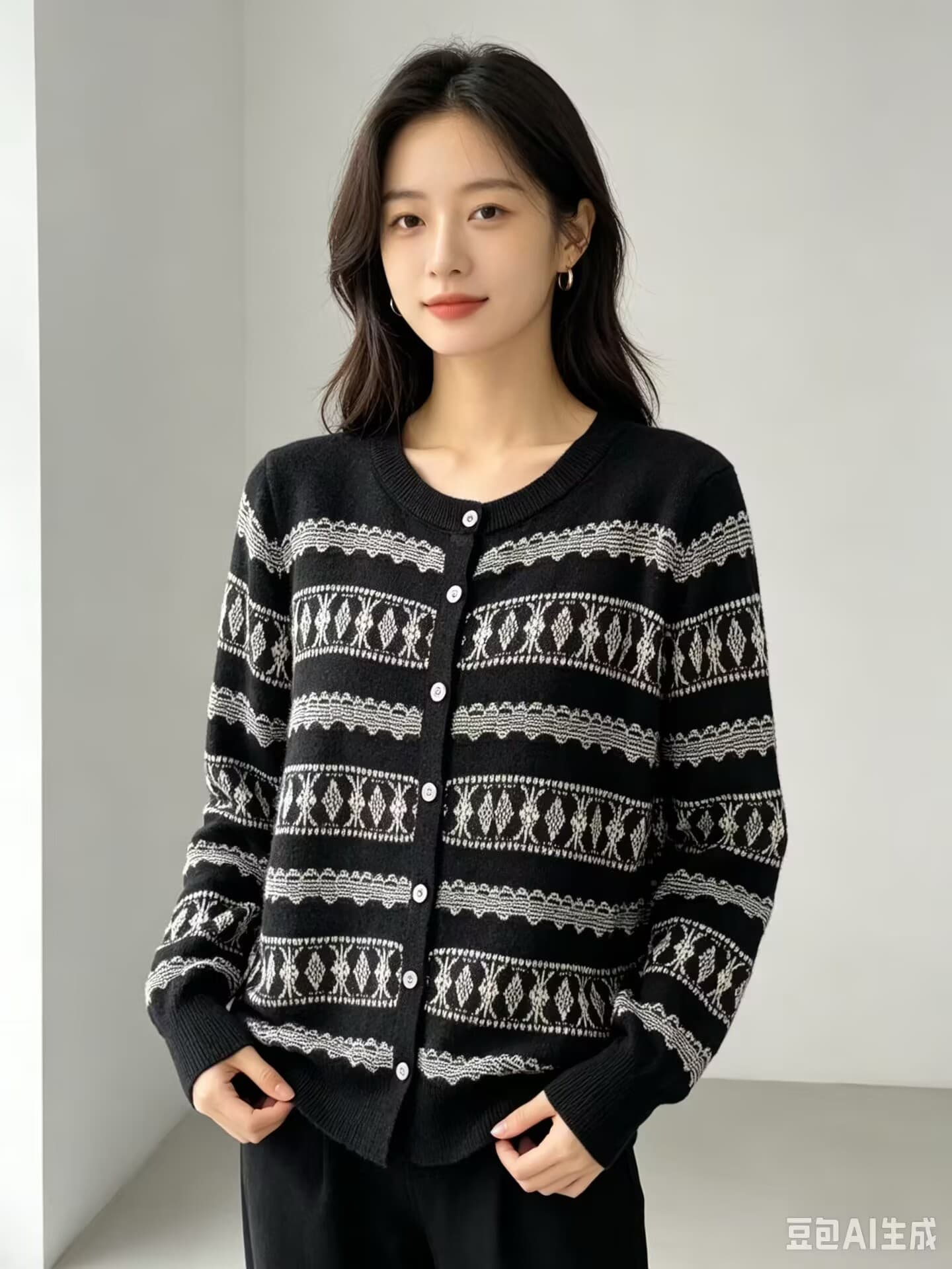 유럽 역 이른 가을 새로운 패션 품격 자카드 라운드 넥 긴팔 싱글 줄 버튼 양모 니트 스웨터 다용도 맨위 여성 이미지 2