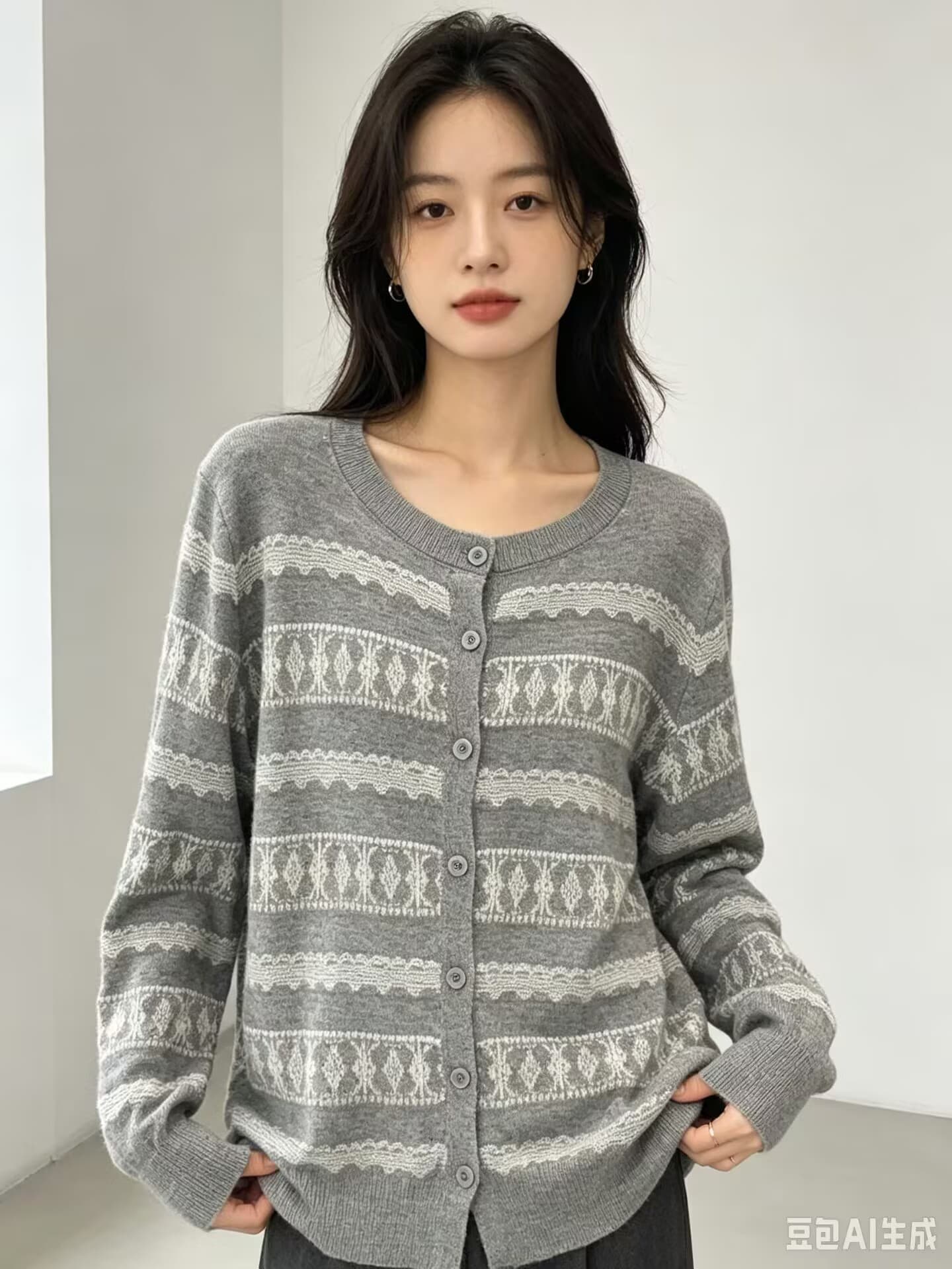 유럽 역 이른 가을 새로운 패션 품격 자카드 라운드 넥 긴팔 싱글 줄 버튼 양모 니트 스웨터 다용도 맨위 여성 상세 이미지 1